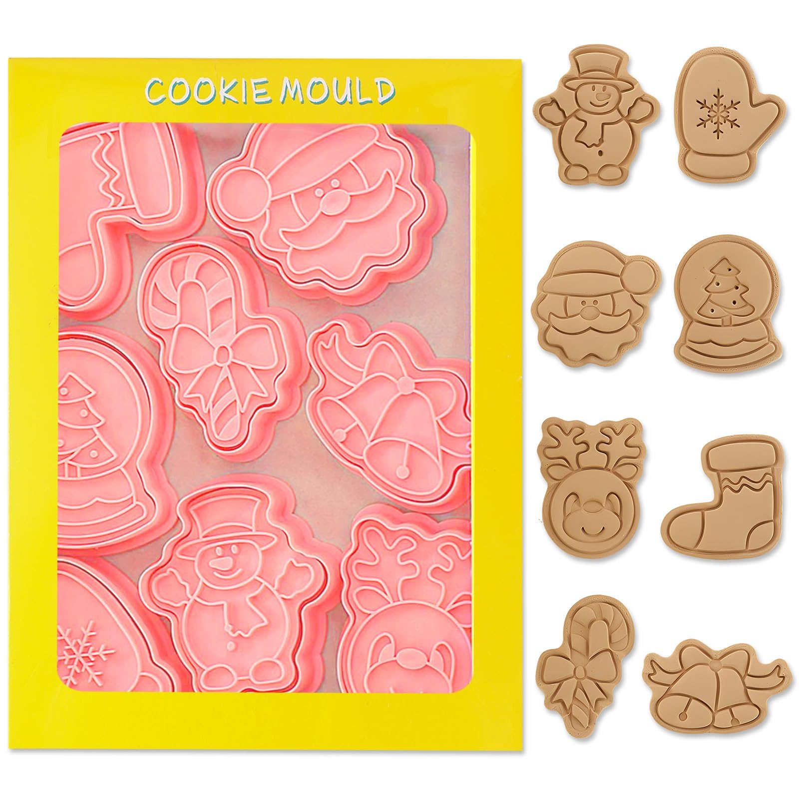 Set di 8 stampini per biscotti natalizi, in plastica 3D, motivo: Babbo Natale, albero di Natale, pan di zenzero, pupazzo di neve, stampini per biscotti per dolci natalizi