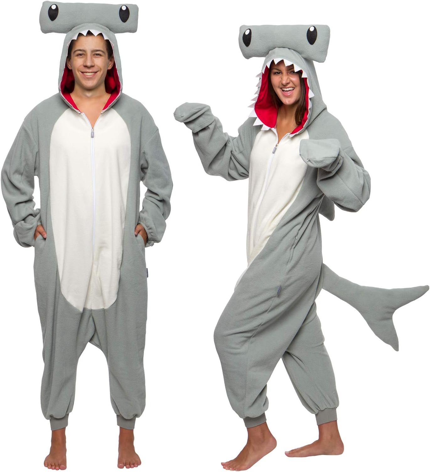 Funziez!Unisex Hammerhead Shark Animal Pajamas - One Piece Plush Novelty Cosplay Costume Jumpsuit for Adults
