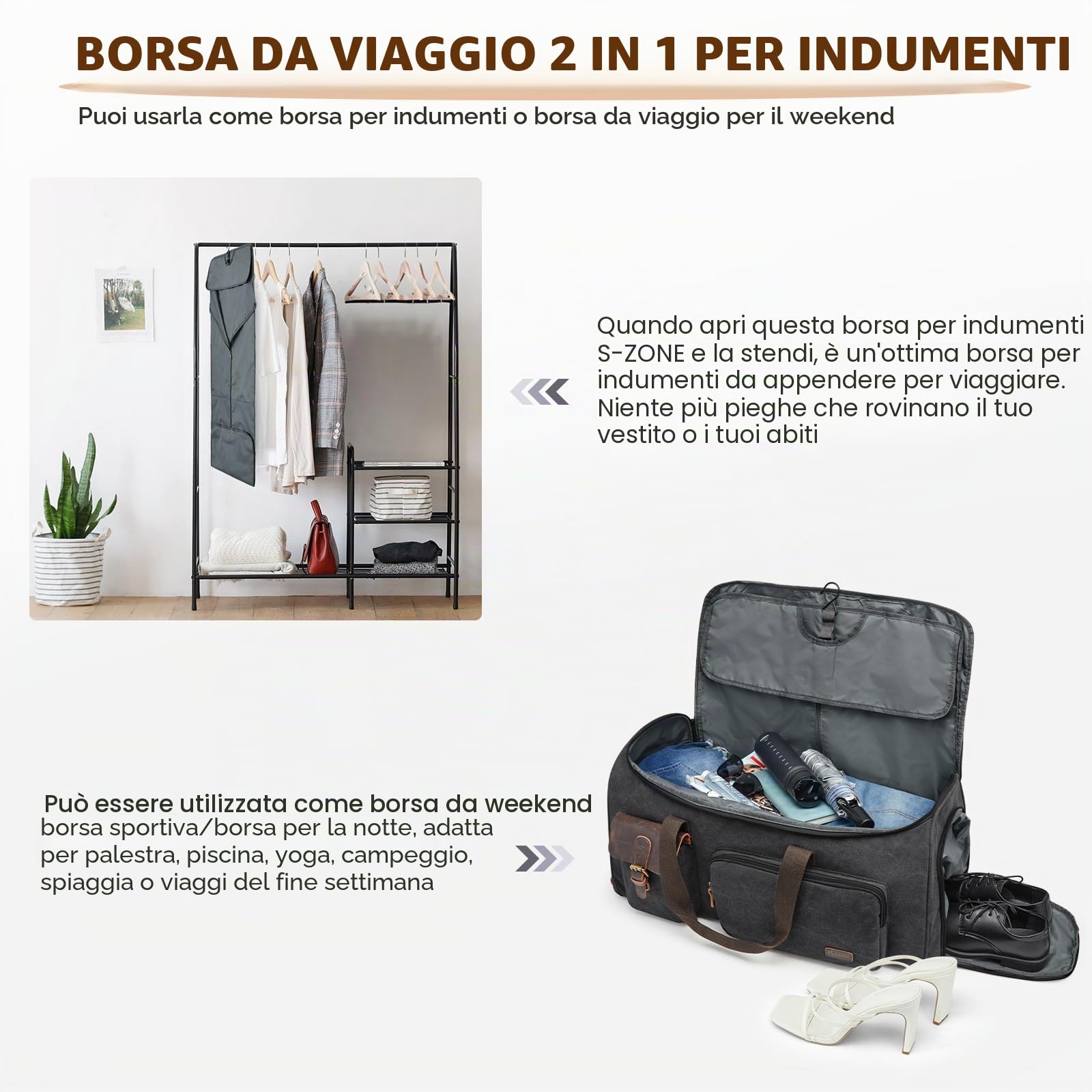 S-ZONE Unisex 3 in 1 Borsa Porta Abiti Convertibile in Tela con Borsa da Toilette (Nero)