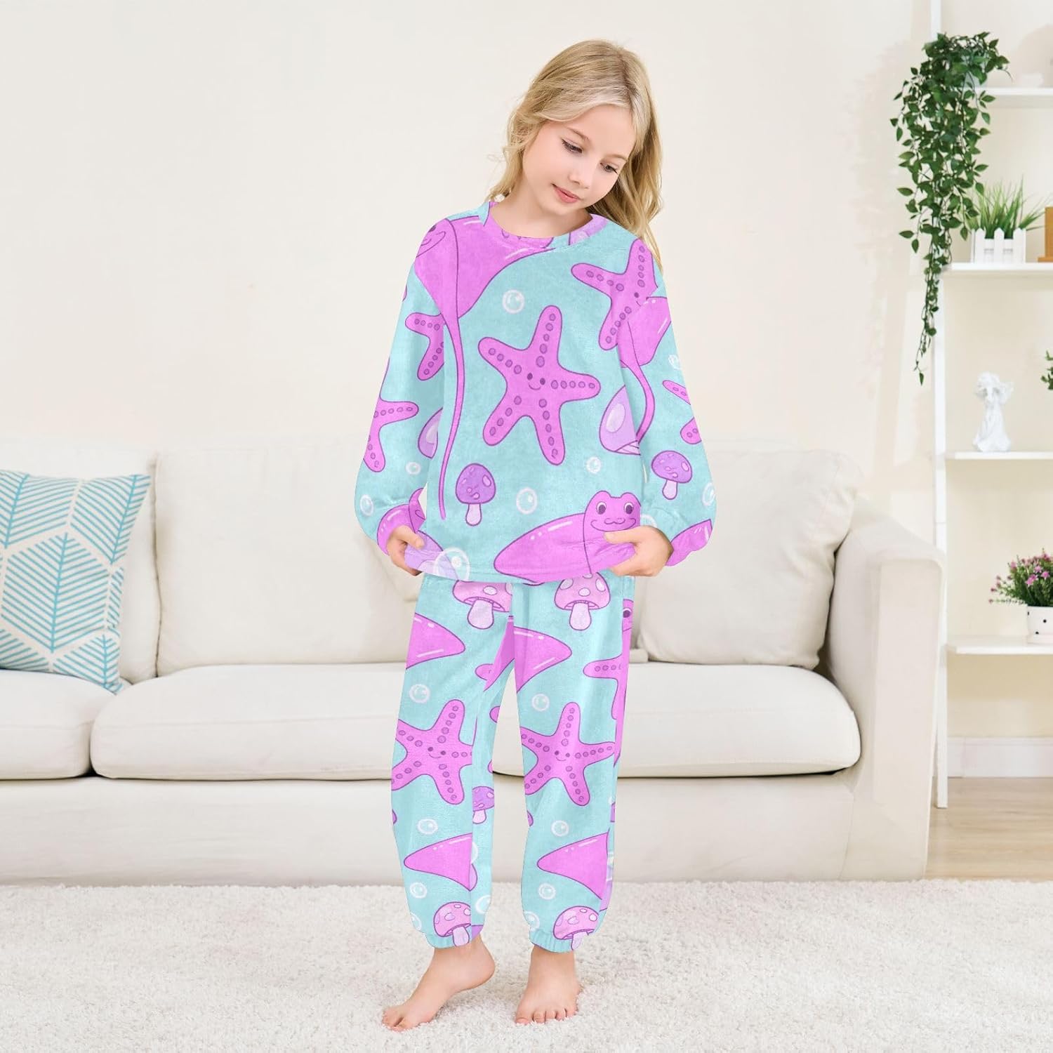 Ocean Animal Starfish Purple Pink Plush Pajama Set 2 PCS Pjs Set Sleepwear Long Sleeve Top with Bottom pijamas para