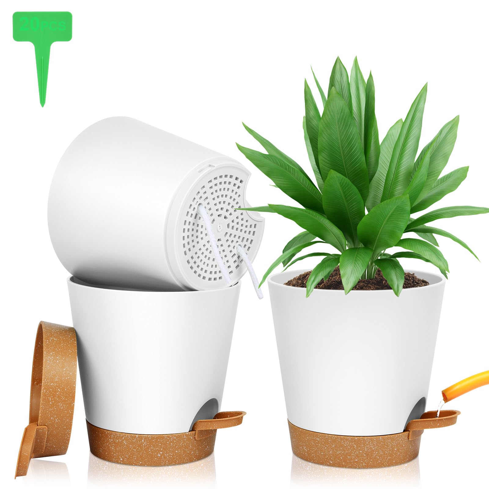 OFFCUP Maceteros Decorativos Interior con Agujeros de Drenaje, 3pcs Macetas de Riego Automático con Agujeros 16.5CM, Macetas Plástico con Plato, Macetas Plástico para Interior y Oficina（Blanco）