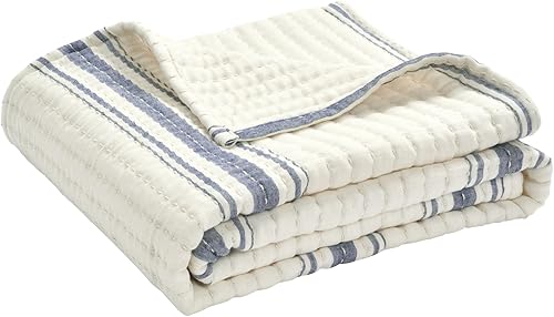 Lush Decor - Manta reversible de rayas de granja Kantha con punto de lana teñida y algodón tejido, diseño de rayas finas, 50" x 60", azul marino