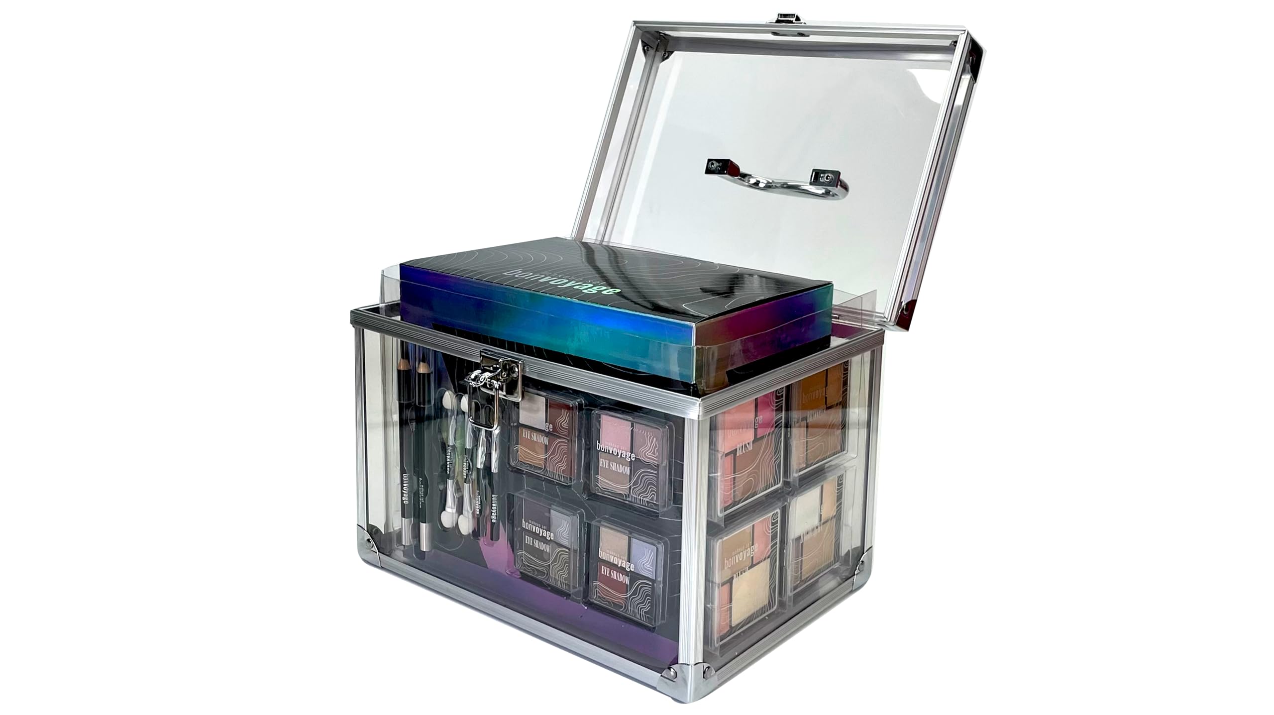 bonvoyage, Coffret Maquillage Femme avec Rouge à Lèvres, Ombres à Paupières, Blush, Set de Manucure et Pédicure, Malette Transparente Portable et Légère, Colour Delights