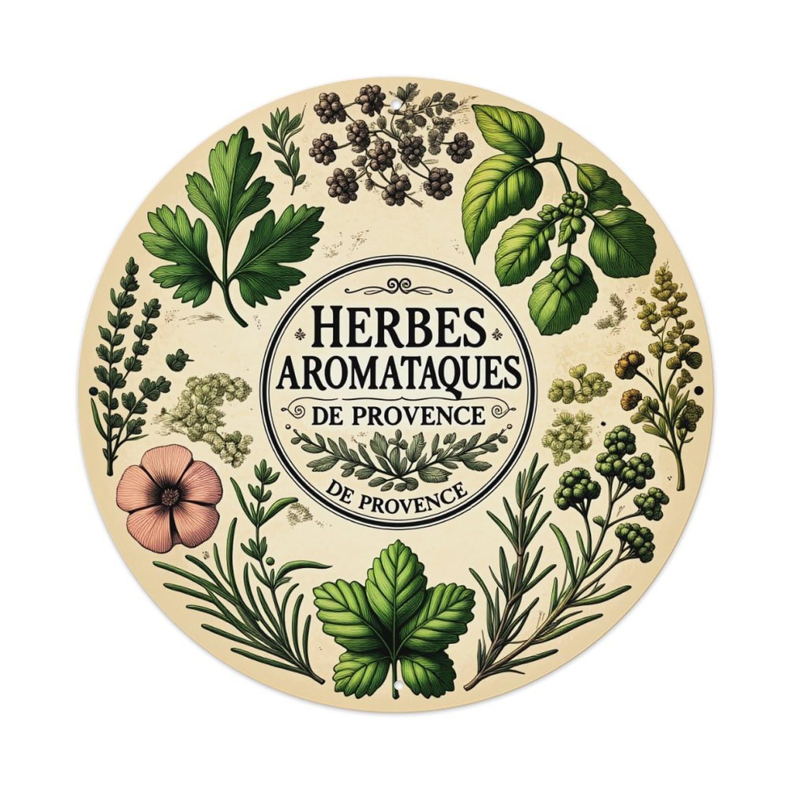 Aromatic Herbs of Provence Round Tin Sign Vintage Metal Poster, Home Bar Garage Man Cave Cafe Indoor & Outdoor Wall Decoration 8x8Inches