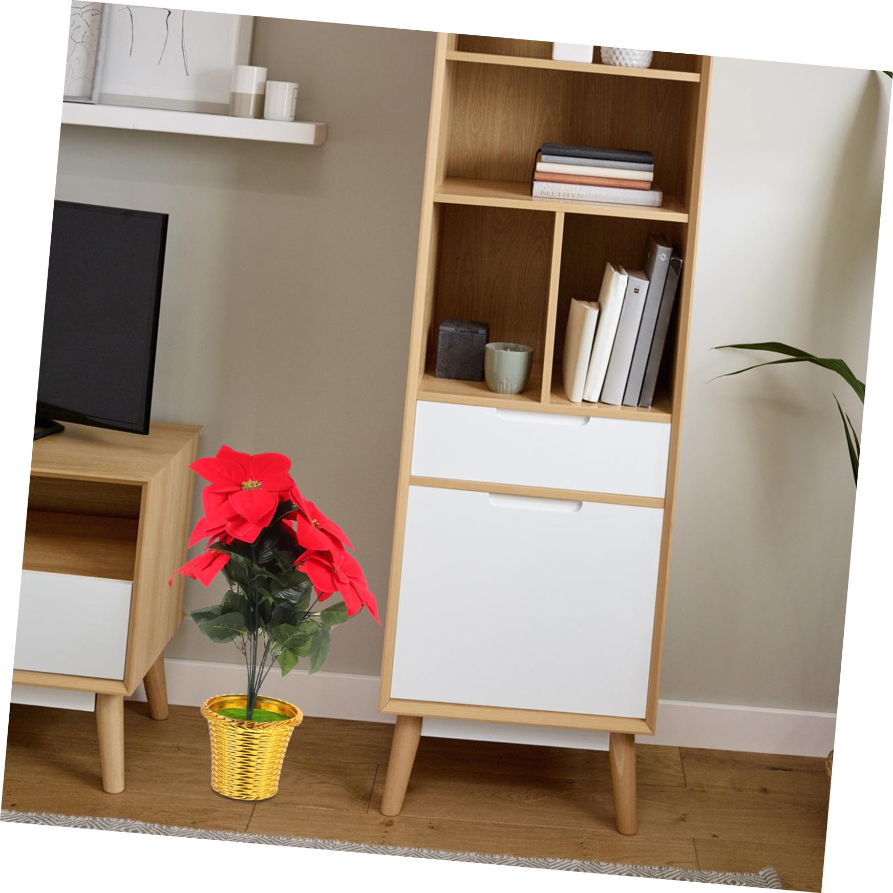ULTECHNOVO Flor de Pascua Navideña Artificial en Maceta Roja de Tela, sin Mantenimiento ni Luz Solar, Adecuada para Adorno de Navidad y Hogar Flores Vívidas y Abundantes