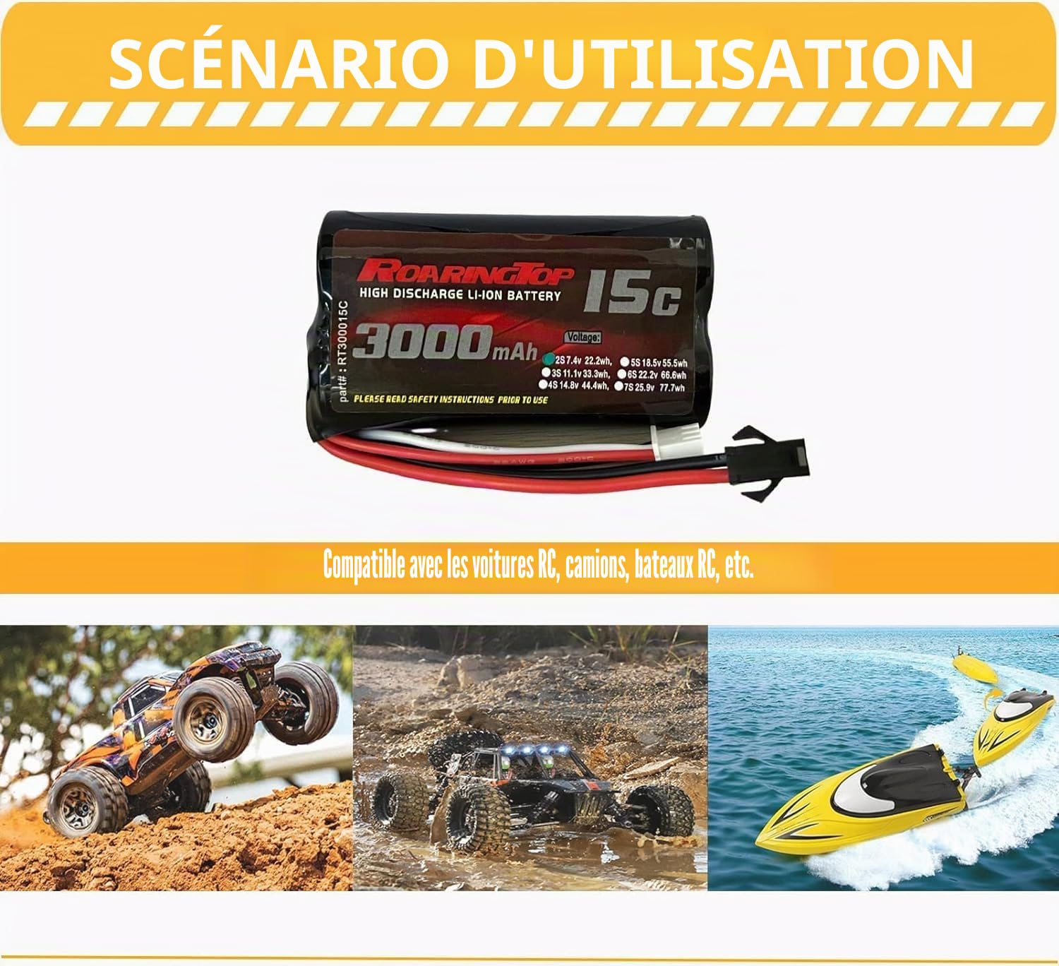 RoaringTop Batterie Li-ION 7,4V 3000mAh 15C avec Prise SM-2P et 2 chargeurs USB pour RC Voiture MN D90/91 MN 99/99S RC Bateau H101 H103 H105 RC Camion
