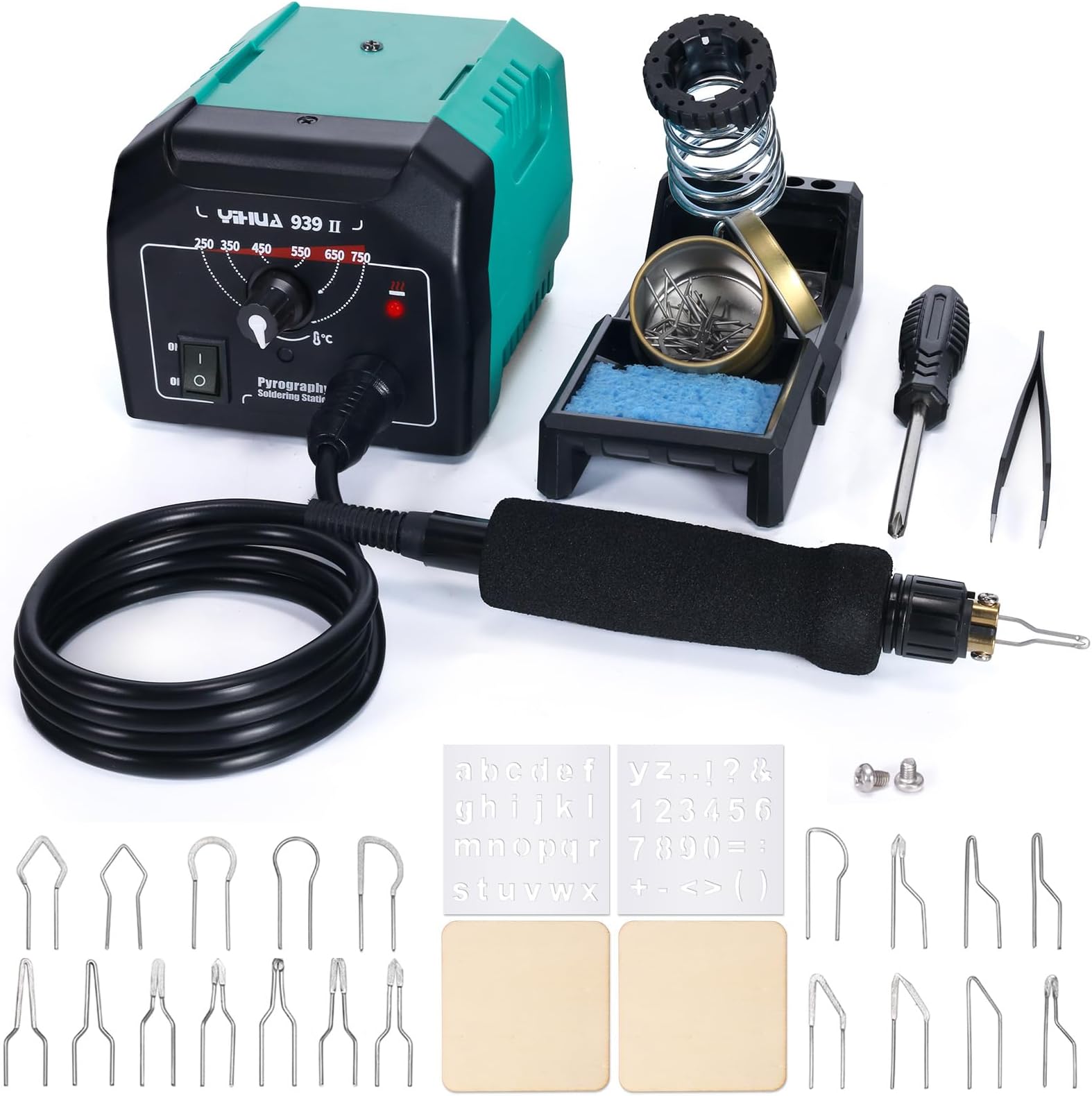 939-II Pyrography Pen Wood Burning Kit Station 250~750ââ€žÆ’/482~1382ââ€žâ€° Temperature Adjustable with 20 Wire Nibs, 1 Stable Pen Holder, 2 Stencils, 2 Scrap Wood, 1 S/S Tweezers, and 1 Pliers (Green)