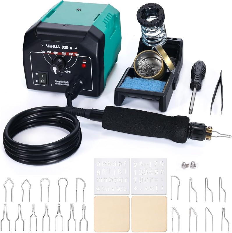 YIHUA 939-II Wood Burning Kit Station Pyrography Pen 250~750℃/482~1382℉ Temperature Adjustable with 20 Wire Nibs, 1 Stable Pen Holder, 2 Stencils, 2 Scrap Wood, 1 S/S Tweezers, and 1 Pliers (Green)