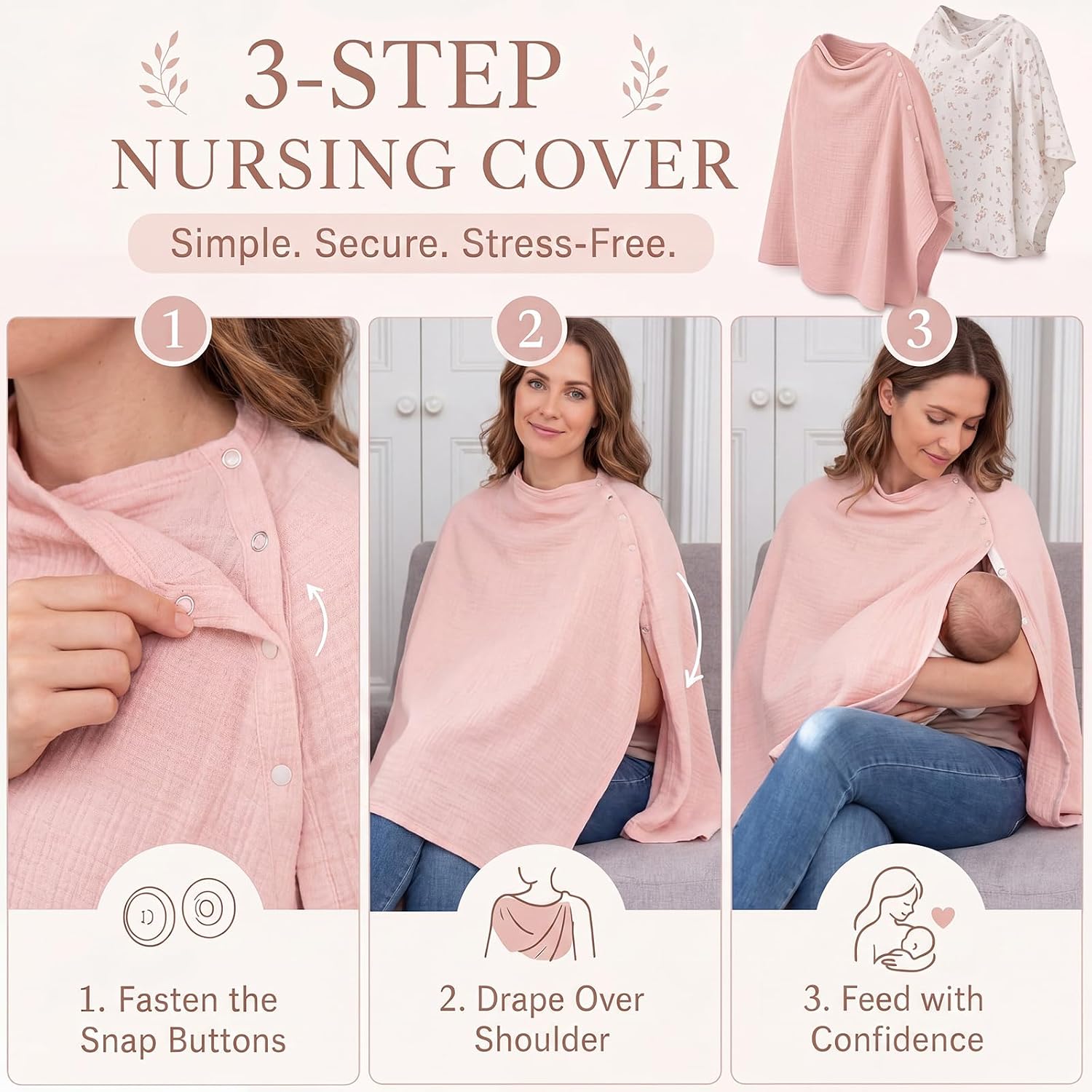 2 Pack Muslin Nursing Cover for Breastfeeding Pure Breathable Cotton Feeding Scarf with Privacy Cloak 25.6" x 25.6" Adjustable Soft Floral Pink Gauze Nursing Apron for Moms Multi-use Stroller