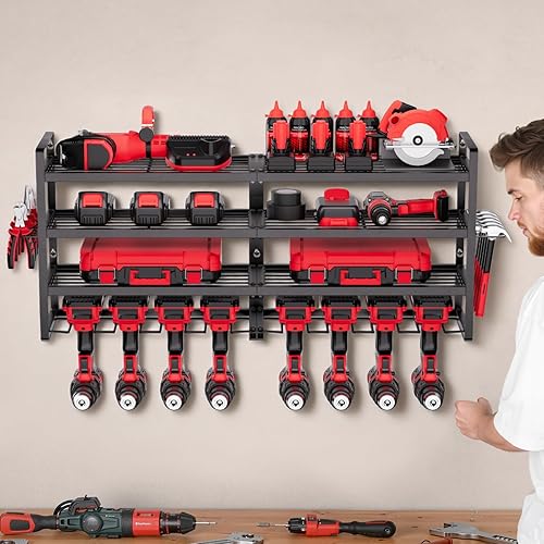 Miniatura 8 de VEVOR Organizador de herramientas eléctricas, soporte de pared, estante de almacenamiento de 4 capas con 8 soportes para taladro, soporte para