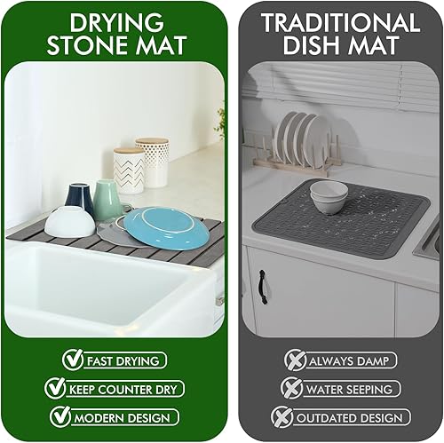 Miniatura 6 de Tapete de Secado de Platos de Piedra para Encimera de Cocina, Tapete Grande de Secado de Platos de Tierra de Diatomeas Plegable Gris Oscuro, Tapete