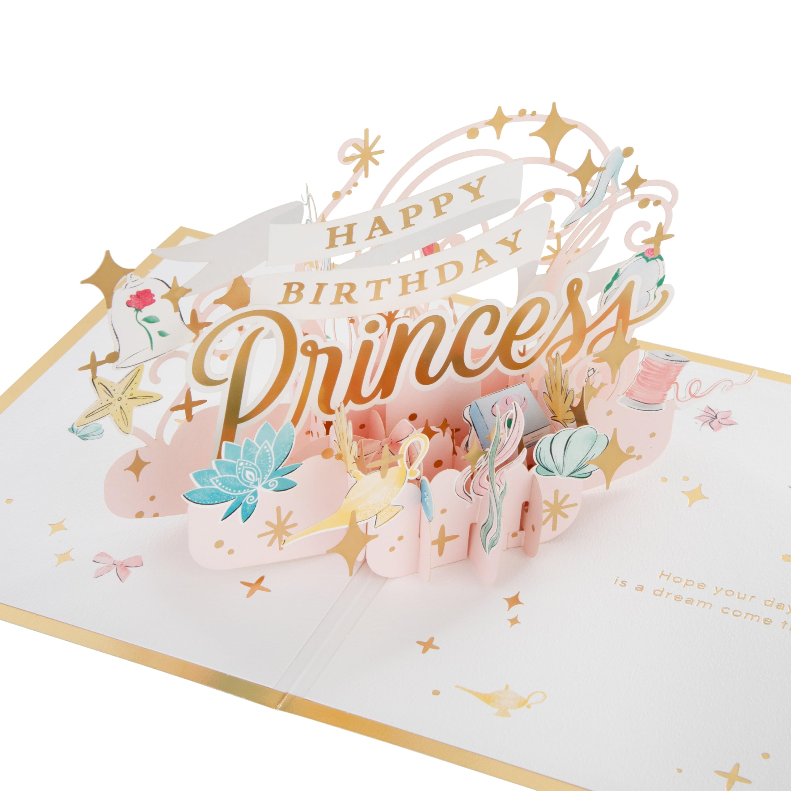 Hallmark 3D & Pop Up Birthday Card, Disney Princess Design, Beauty and the Beast, Aladdin, Cinderella, Pink, Gold