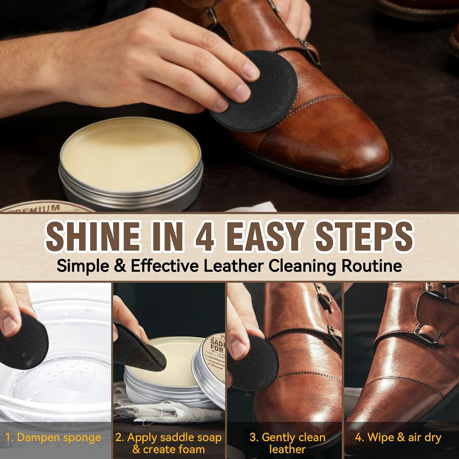 Leather Care for Leather Boots, All-Natural Leather Cleaner and Conditioner, Cleans, Restores, Softens and Protects Boots, Shoes, Bags, Jackets & Furniture, 4.23 Oz Saddle Soap with Sponge