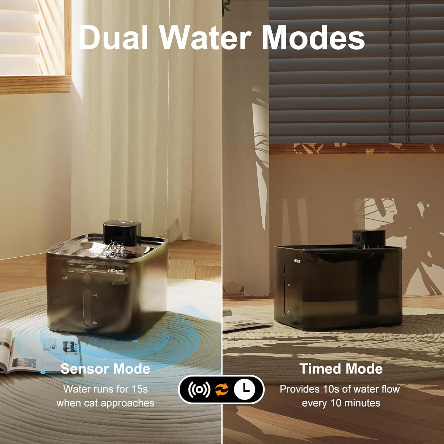 NPET Wireless Cat Water Fountain, 4L/1Gallon Battery Operated Pet Fountain with Smart Motion Sensor, 4000mAh Rechargeable Battery & Quiet Pump, Automatic Cordless Water Dispenser for Cats, Dogs,Pets