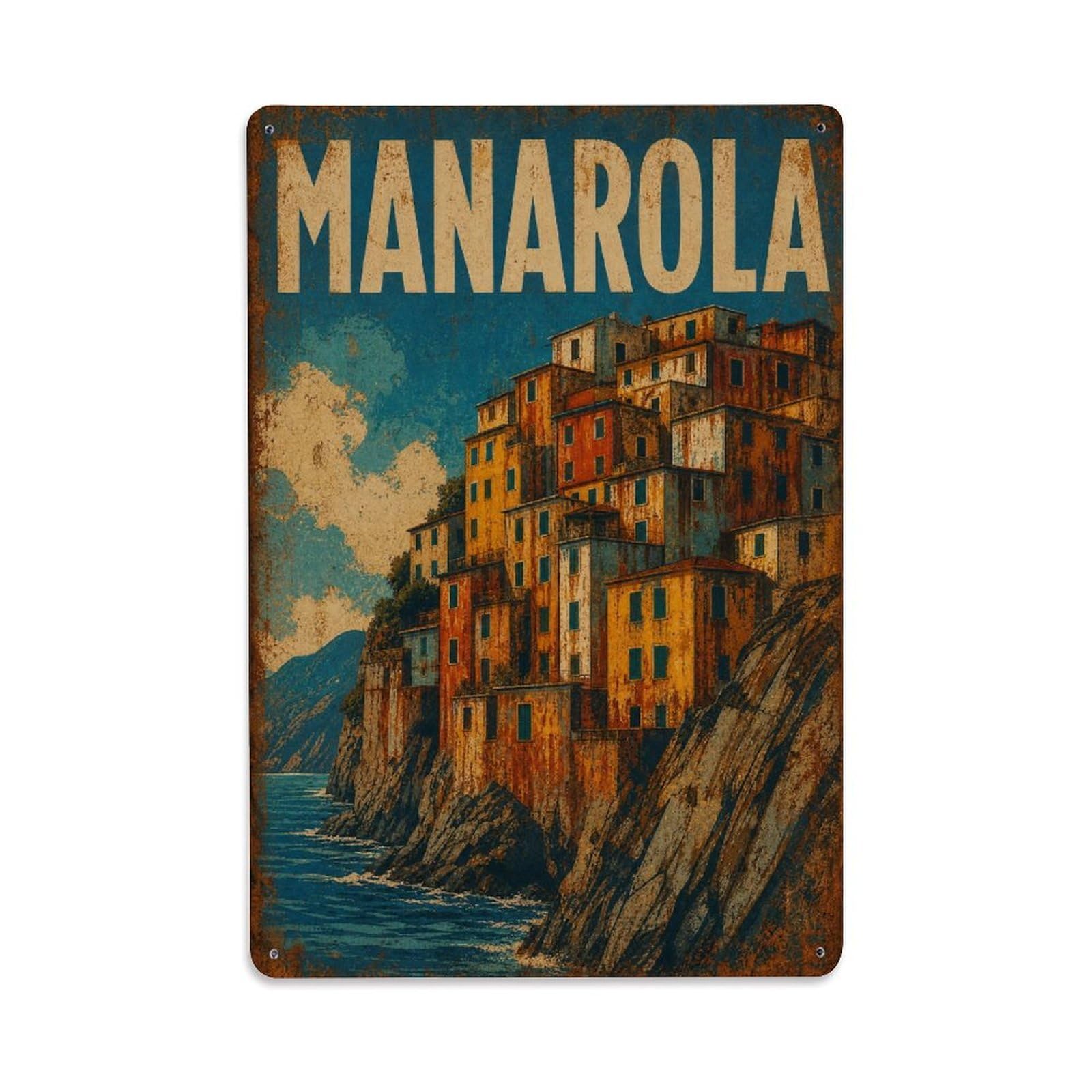 Huiyhb 8X12inch(20X30cm) Vintage Manarola Coastal Architecture Stacked Houses Italy Metal Tin Sign