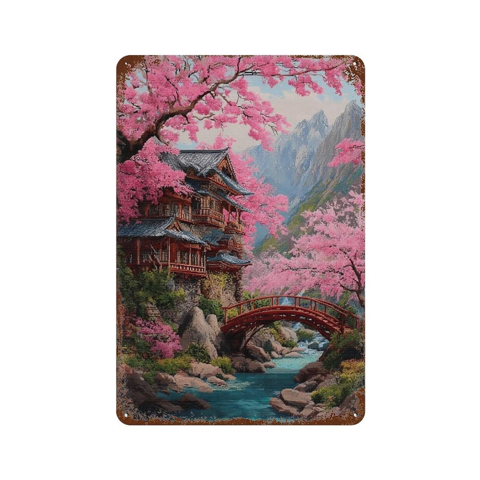 Rust Effect Cherry Blossom Valley Landscape Vintage Rust Metal Sign 11.8"x7.9", Rustic Home Decor for Farmhouse, Kitchen And Entryway Decor