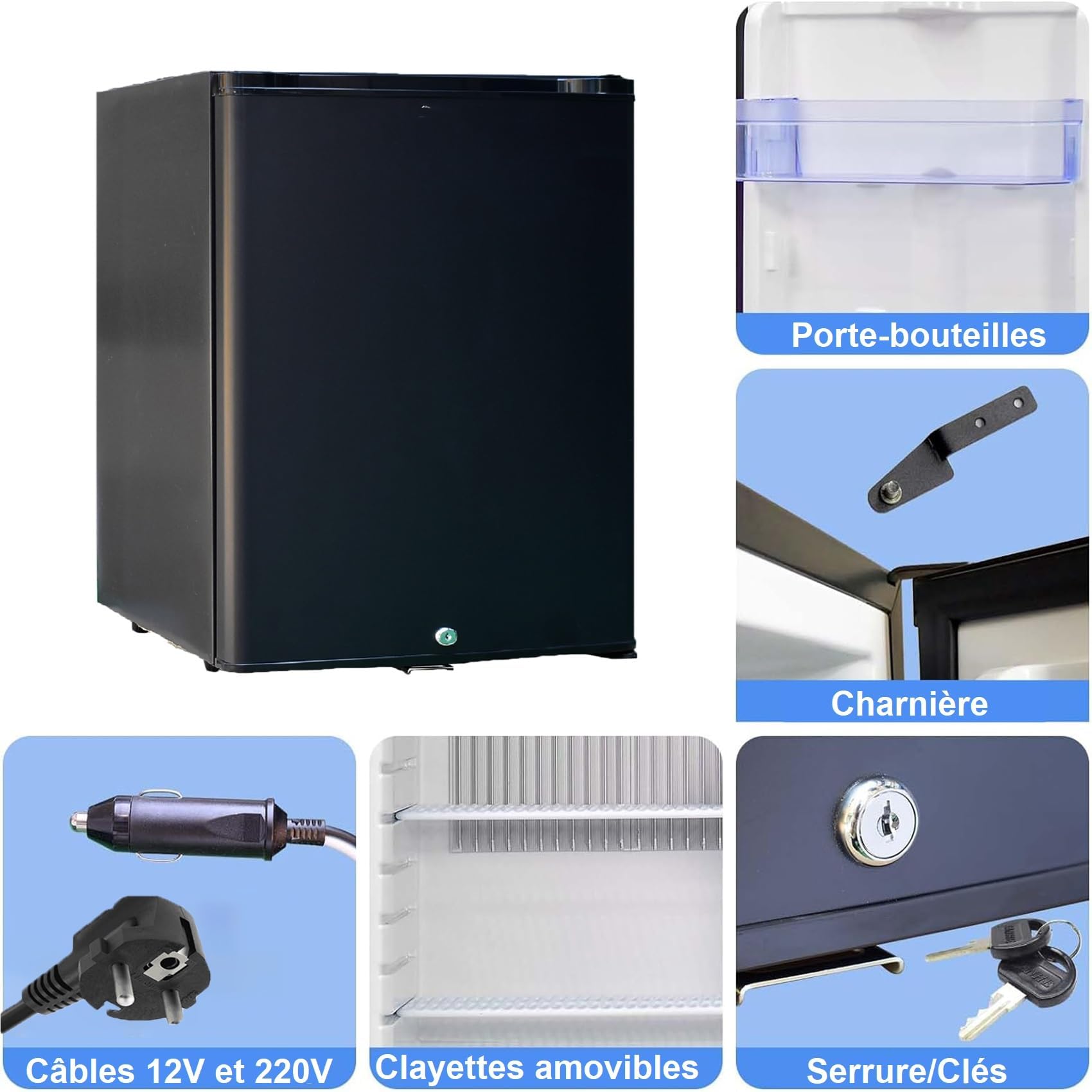 Frigo 12V 220V, 40L, Frigo Camping Car 12V 220V, 0-10℃, avec Serrure, Réfrigérateur pour Caravane, Maison, Camping, Voiture, Silencieux, Noir
