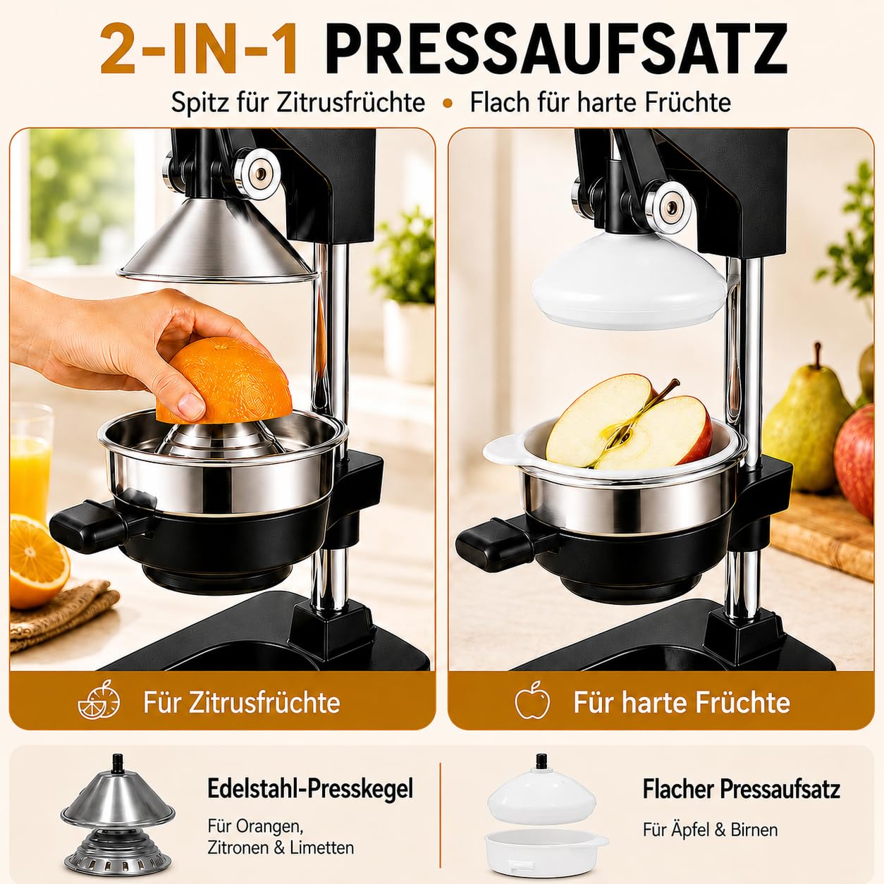 Manuelle Saftpresse Edelstahl 304, 48 cm, mit 2 Pressaufsätzen | Für Orangen, Zitronen, Granatäpfel, Apfel- und Birnenstücke; hoher Auslauf für Becher, stabile Saugfüße