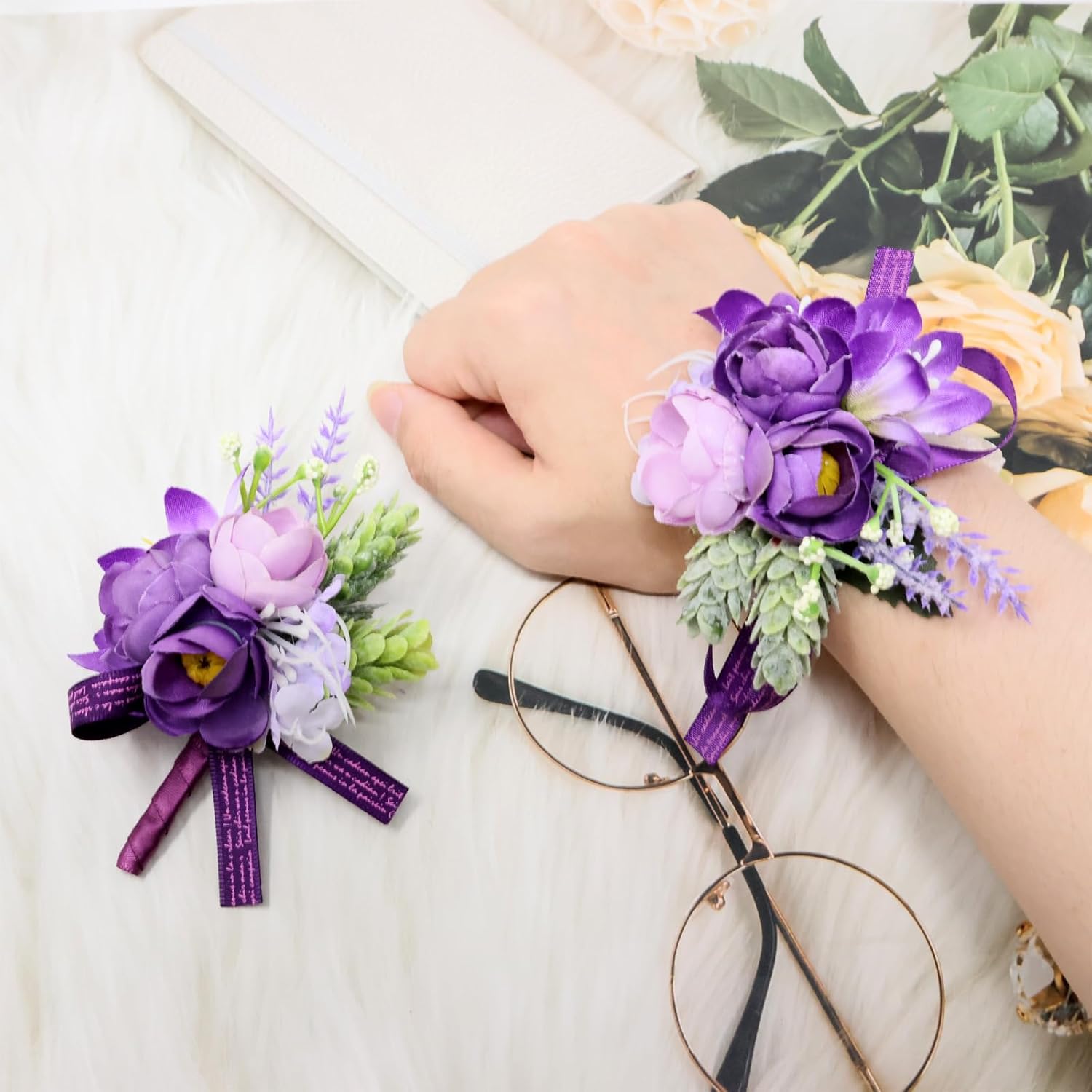 Yueton Purple Wrist Corsage and Boutonniere Set - Artificial Flowers for Wedding, Prom, Party - Bride and Groom Accessories - Image 3