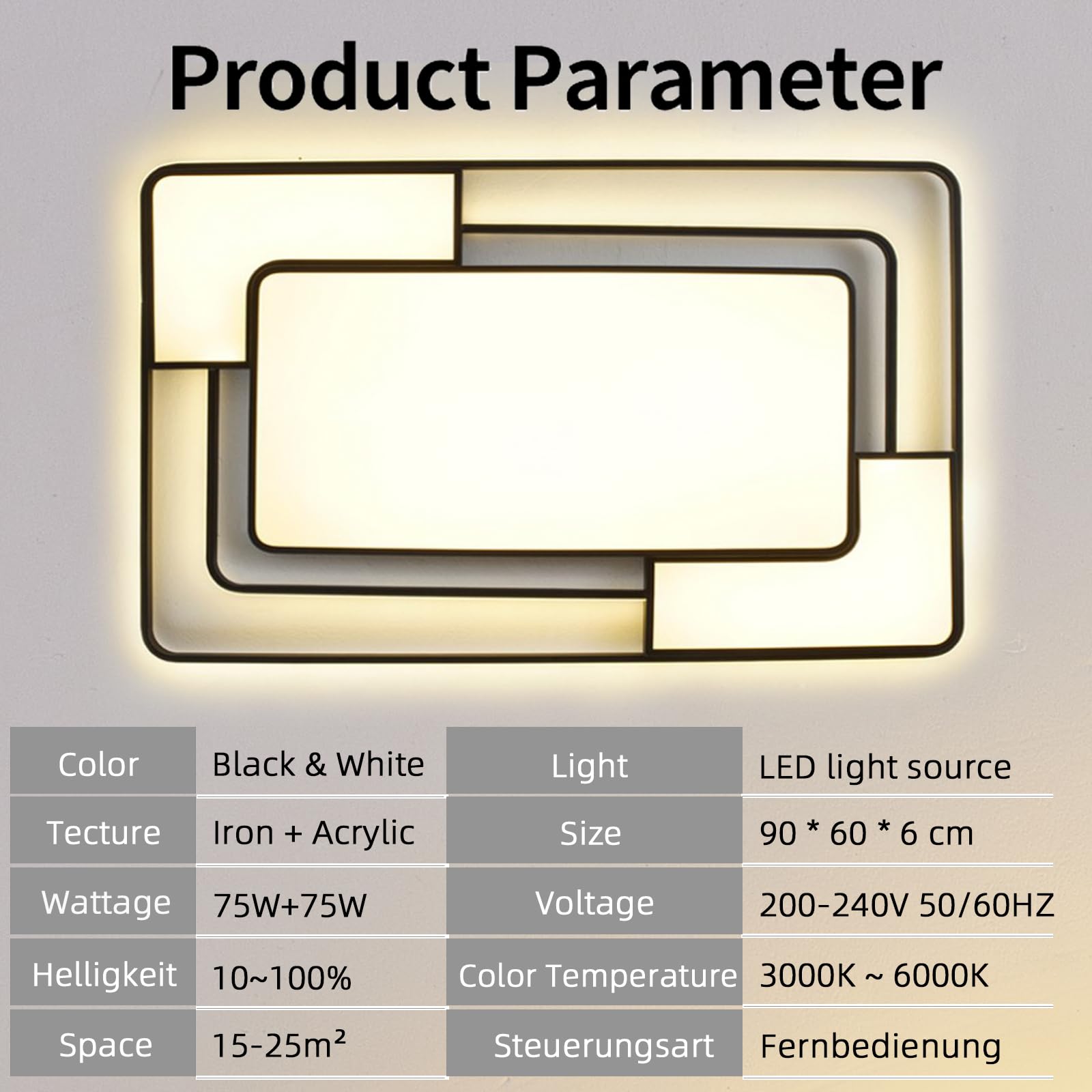 Style home 150W LED Deckenleuchte Deckenlampe dimmbar 90x60x6cm Schwarz | Voll dimmbar mit Fernbedienung 3000K-6000K,Rechteckige Lampe aus Metall, moderne Lampe für Wohnzimmer Schlafzimmer Büro Küche