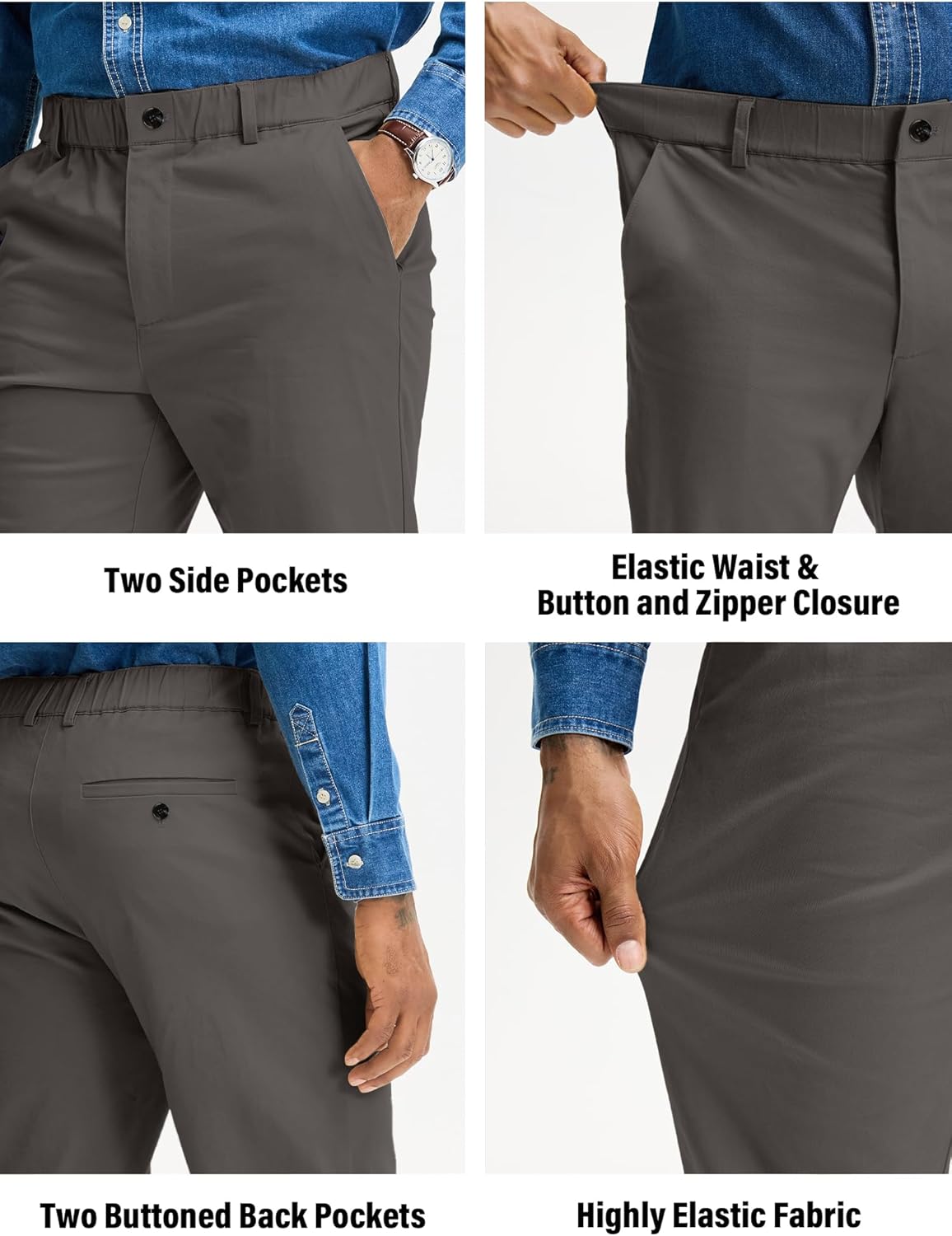 Comdecevis Men's Stretch Khaki Pants Elastic Waist Cotton Chino Pants Straight Fit - Image 5