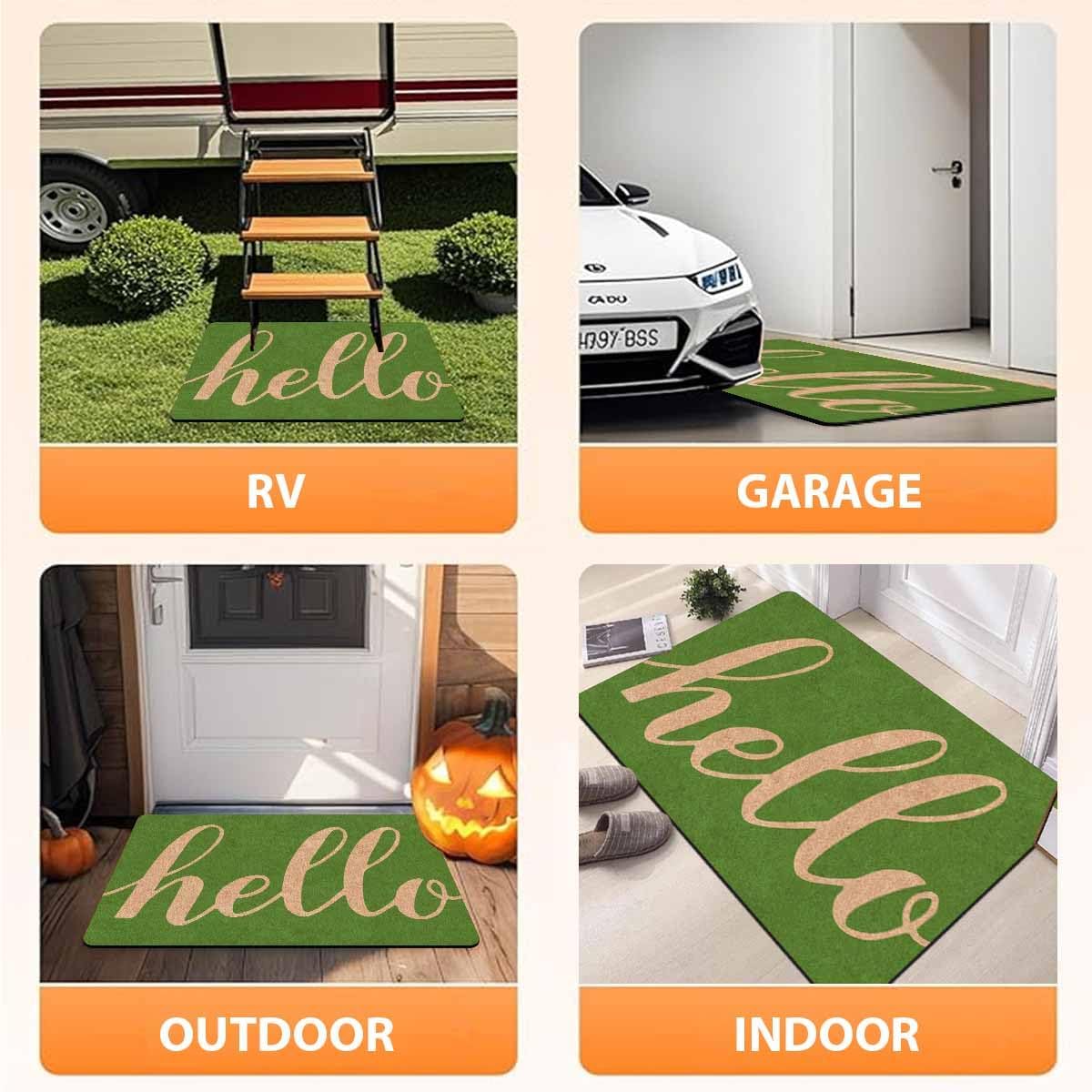 Green 'Hello' Welcome Doormat for Front Door,Summer Home Decor,Low-Profile Switch Rug Porch Door Mat Floor Mat for Indoor Outdoor RV 30"x18"