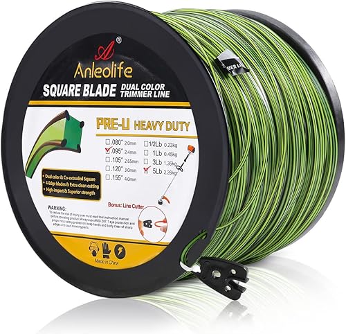 A ANLEOLIFE Bobina de línea de recortadora cuadrada comercial de 5 libras por 1148 pies, cuerda coextruida de múltiples cuchillas pre-U, color verde