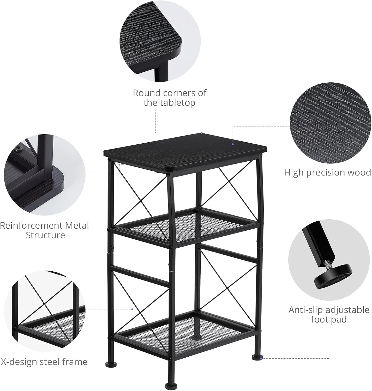 ruboka 3-Tier Small End Tables,Narrow Side Table with Steel Grid Storage Shelves,Slim Nightstand X-Design Sofa Side Table Small Bookshelf Bookcase,Display Rack for Living Room,Bedroom,Study,Black