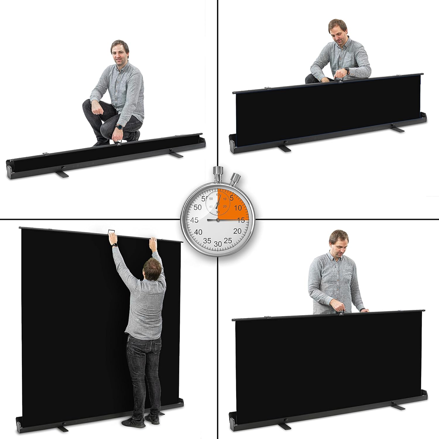 Another four-panel image showing the setup process, from placing the base to fully extending the background.