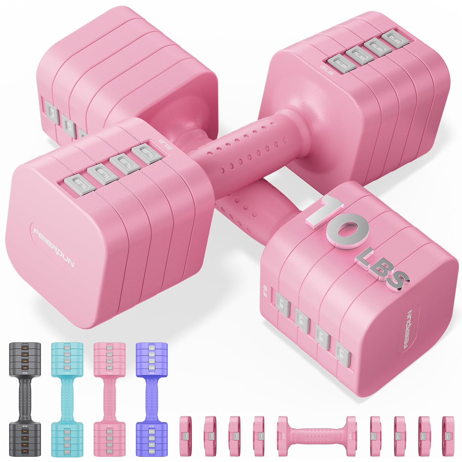 FEIERDUN Adjustable Dumbbell Set of 2, Each 2/4/6/8/10 lbs Weight for women, 5-in-1 Weights Dumbbells Set, Quick Adjust Weight, Double Locking Protection, Versatile Hand Weights for Home Gym
