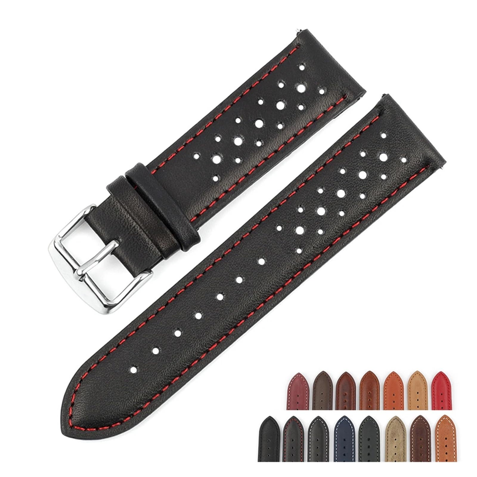 Generisch NASUNJIA Vintage Handgemachtes Uhrenarmband 18mm 19mm 20mm 22mm 24mm Racing Lederband Grau Schwarz Braun Blau Atmungsaktive Poröse Uhrenarmbänder
