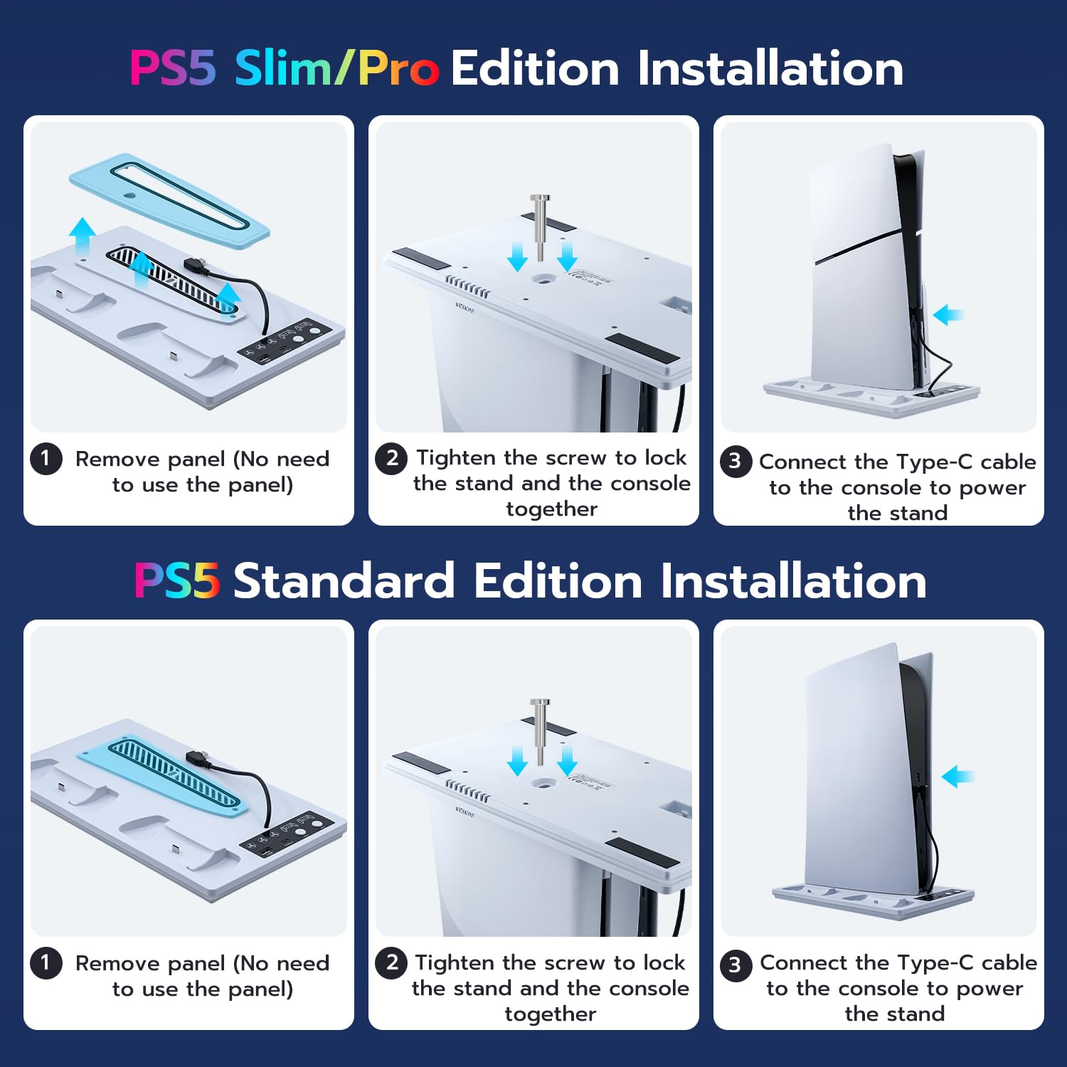 Soporte para PS5 / Slim/Pro, Ventilador de Refrigeración de 3 Velocidades, Cargador de Controlador para PS5 con Indicador RGB, Estación de Carga PS5 Slim Digital/Disc Edition con 2 USB