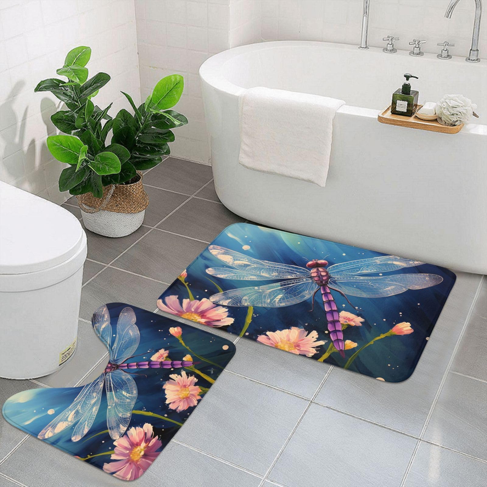 Tapis de bain noir antidérapant lot de 2 en microfibre absorbante forme U fleurs