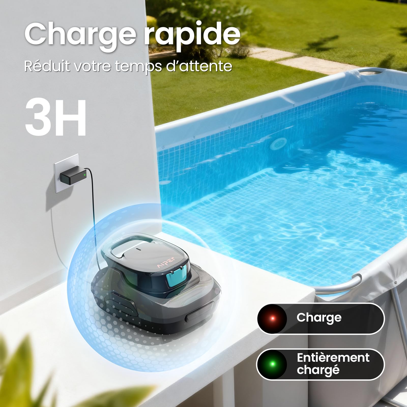 AIPER Robot Piscine sans Fil, Aspirateur de Piscine Automatique, Autonomie 90 Min, Aspire Débris et Feuilles, Auto-Stationnement, Idéal pour Piscines Hors-Sol jusqu'à 80 m²
