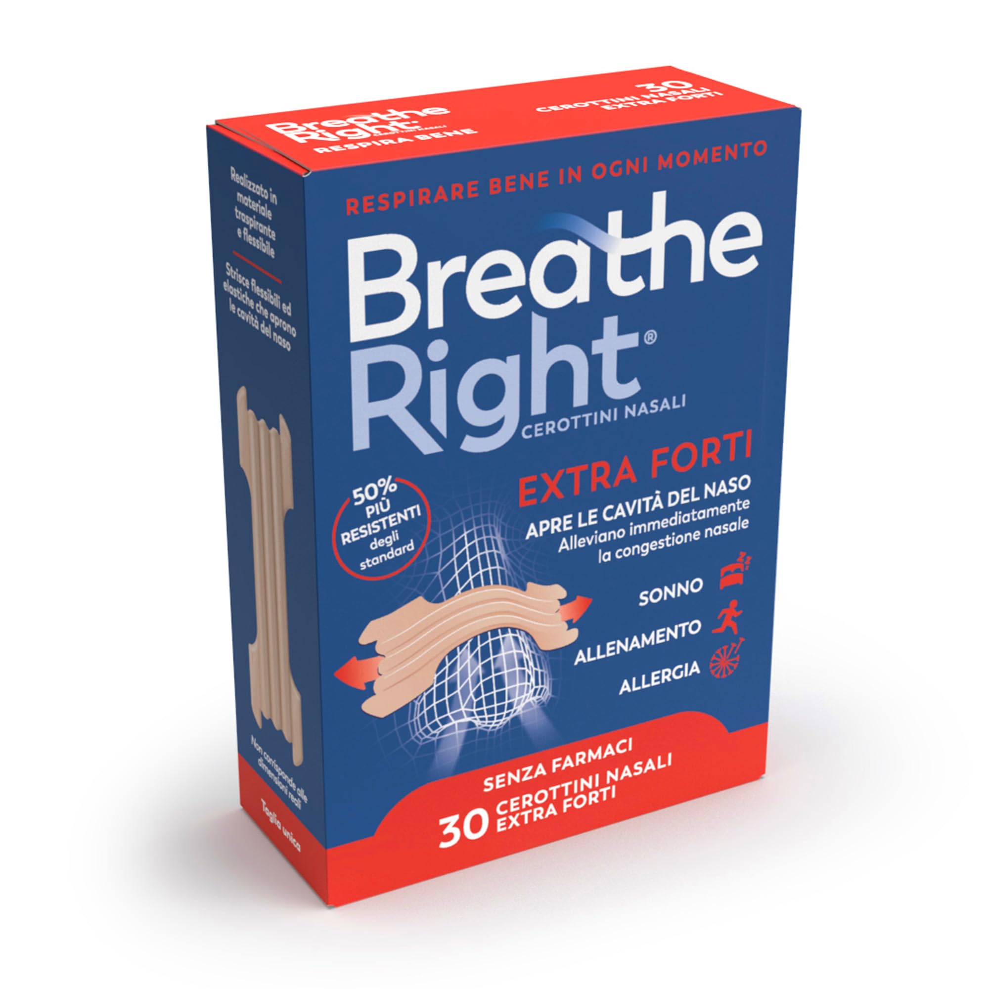 Breathe Right Cerottini Nasali Classici Extra Forti - Strisce Nasali Ultra-​Resistenti per Respirazione Libera, Diminuzione Russamento & Naso Chiuso - Taglia Unica - Confezione da 30 Pezzi