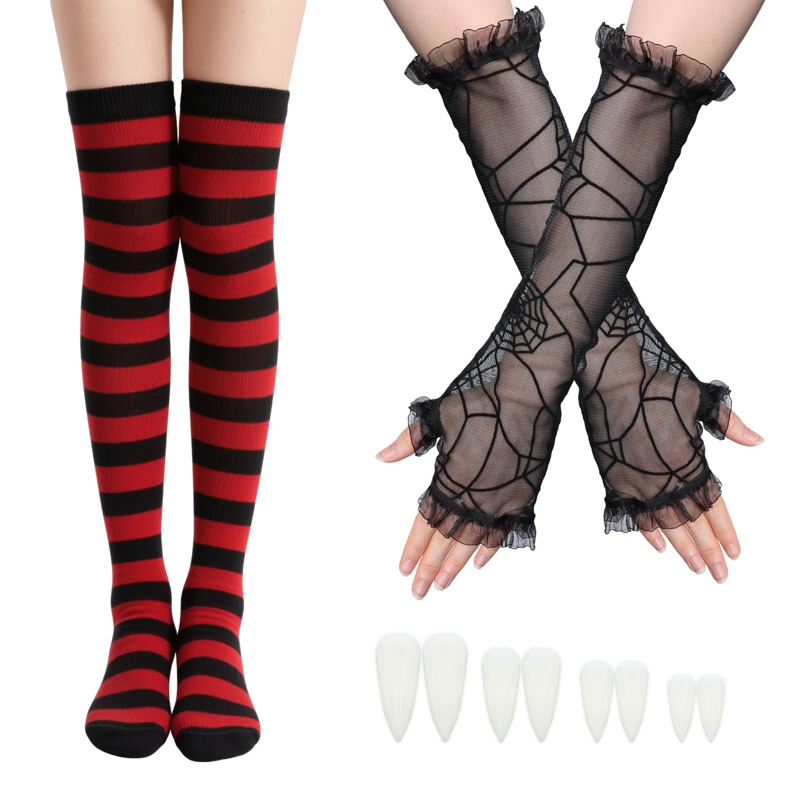Halloween Vampire Costume Red Black Striped Thigh High Socks Spider Long Fingerless Glove White Teeth Fangs Cosplay