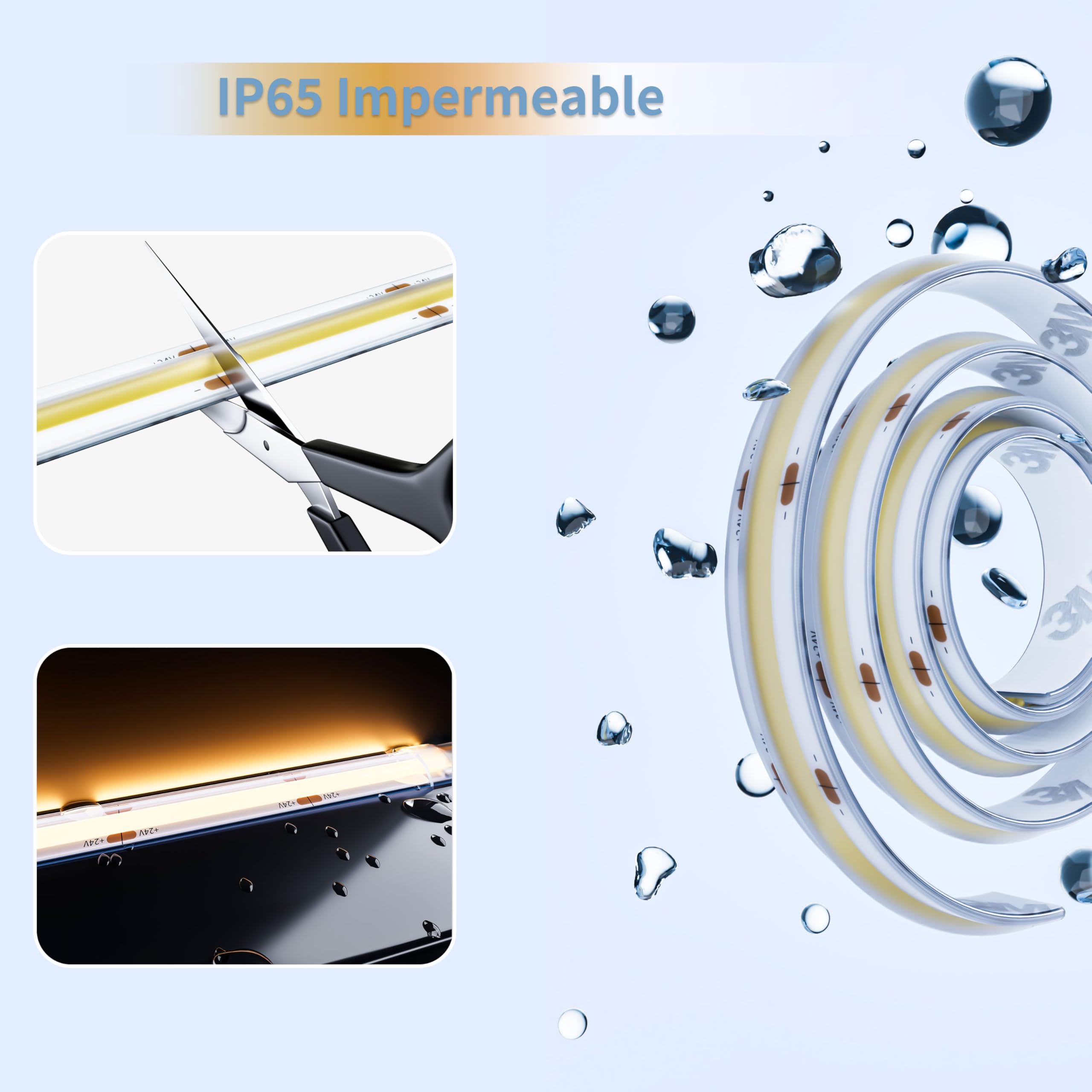 PAUTIX Tira de LED COB Blanco Cálido 2700K DC24V Impermeable IP65,10m 504LEDs/M Tira de luces LED CRI90+,LED Strip para Hogar Cocina DIY con Conector COB de 8mm(fuente de alimentación no incluida)