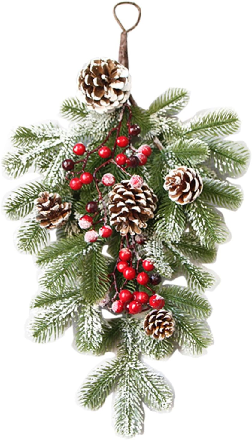 ABOOFAN Christmas Teardrop Wreath Artificial Front Door Swags with Berries and Pine Cones Ribbon Bow for Holiday Home Wall Decorations