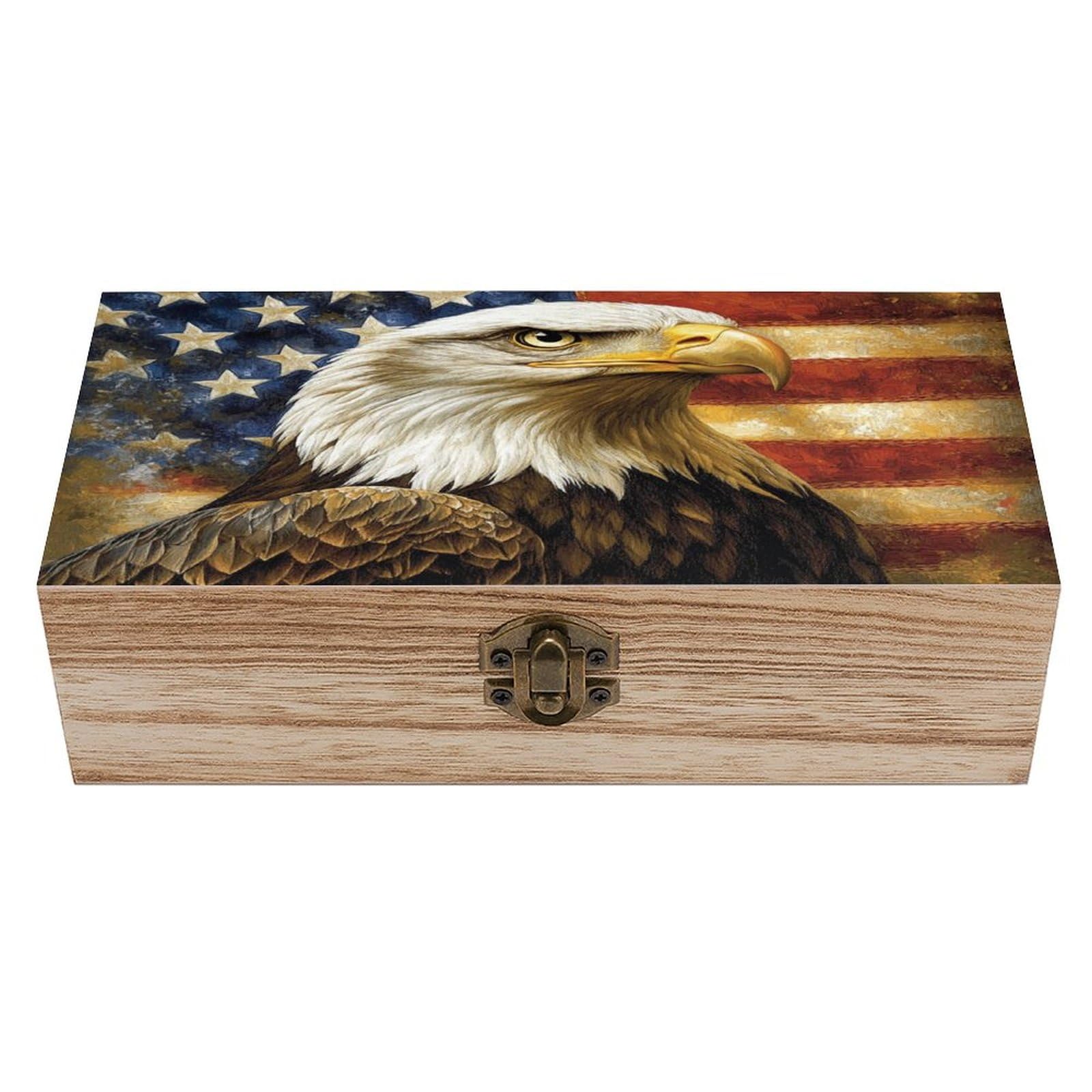 Ahdyr Bald Eagle with American Flag Wooden Storage Box with Hinged Lid And Front Clasp Large Keepsake Box