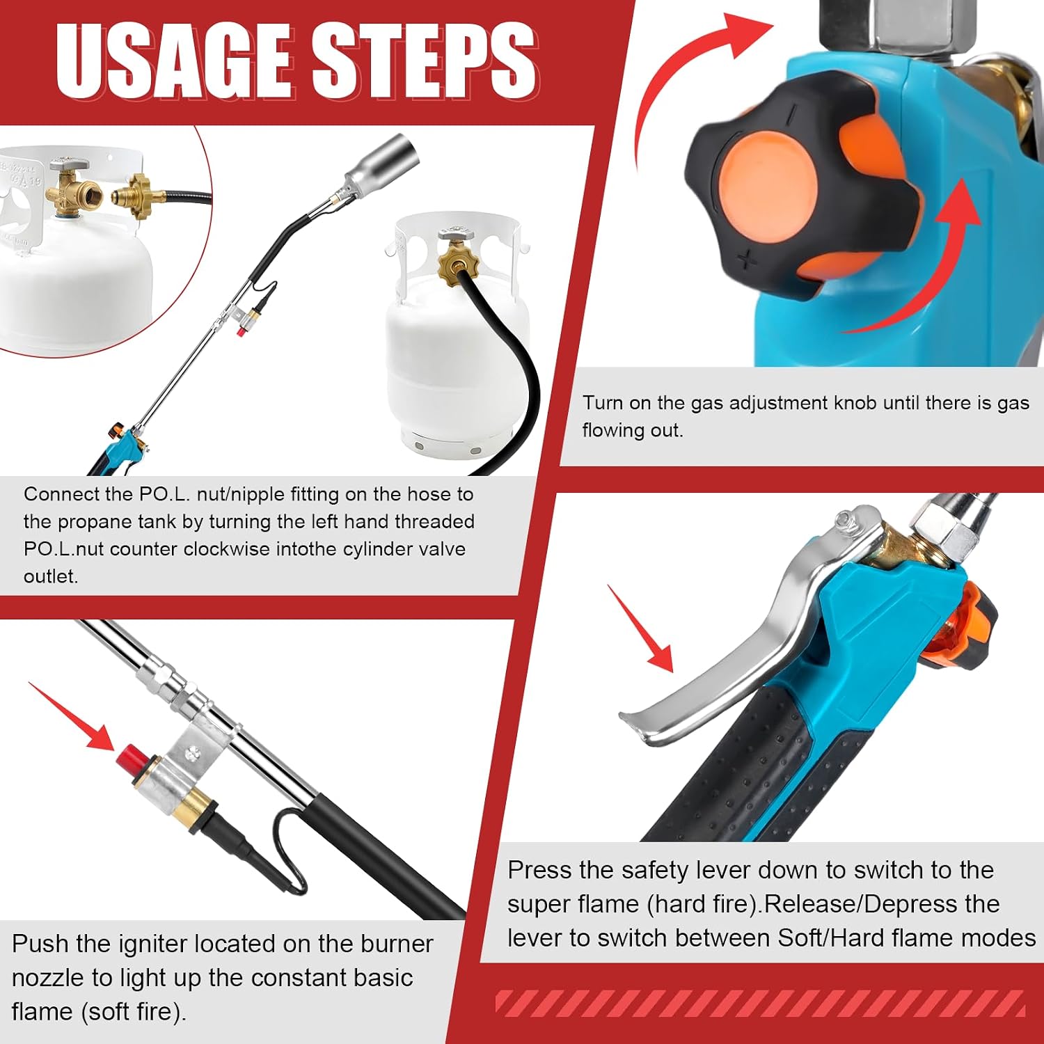 Propane Torch Weed Burner Kit with Storage Bag,High Output with 10FT Hose,Blow Torch Flamethrower with Long/Short Mode for Weeding,Roofing,Ice Melting,Road Marking,BBQ