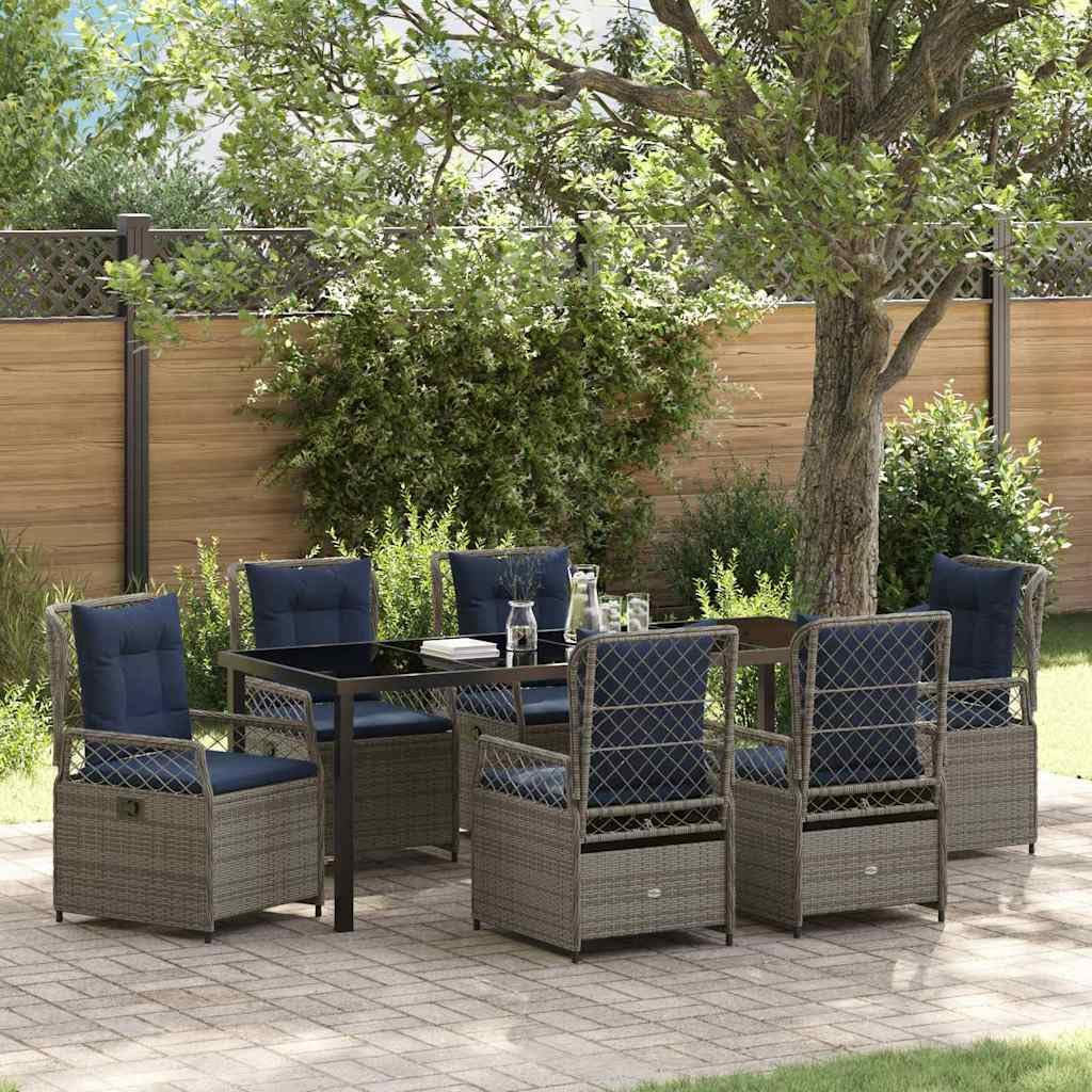 Set di mobili da giardino in polyrattan, 7 pezzi, grigio, tavolo e sedie per terrazza, balcone, con schienale regolabile, resistente alle intemperie, durevole, per eventi estivi all'aperto