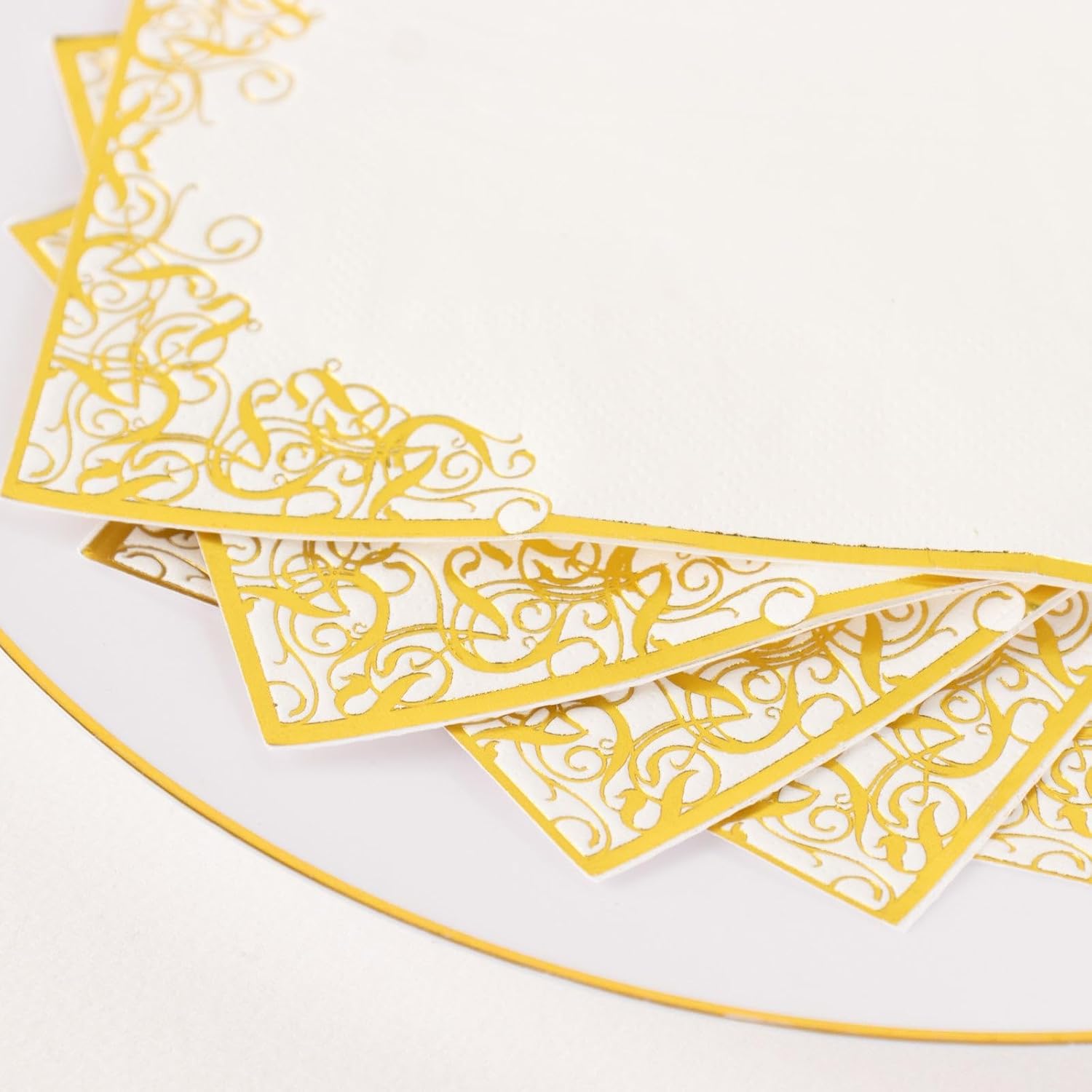 Efavormart 50 Pack White Soft Dinner Paper Napkins with Gold Foil Lace Design, 2 Ply European Style Disposable Party Napkins - 8"x4"