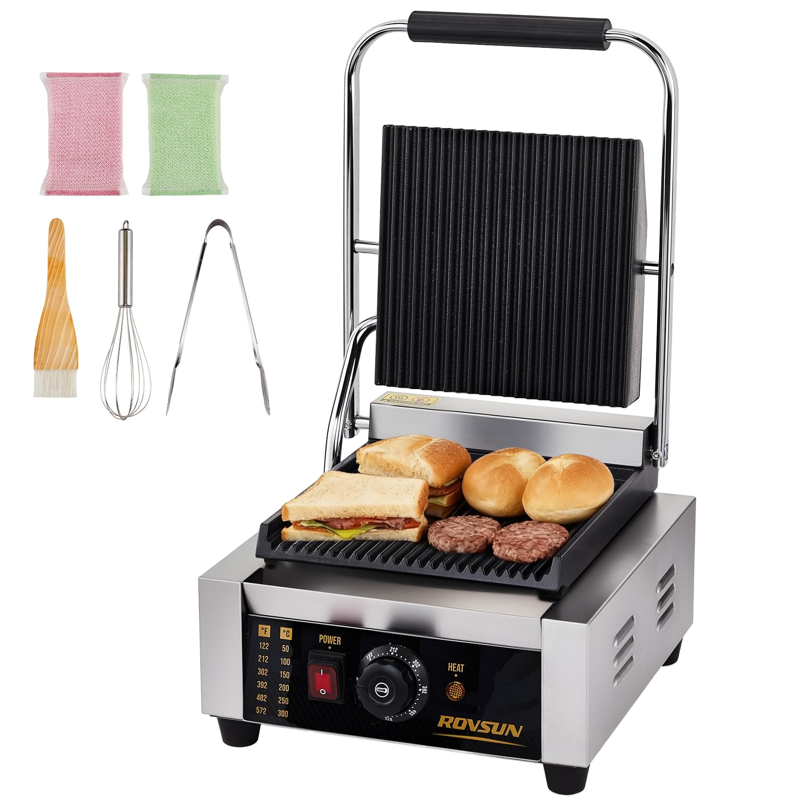 ROVSUN 811 Commercial Panini Press Grill, 1800W Stainless Steel Electric Countertop Sandwich Maker with Adjustable Temp 122°F–572°F, For Steak, Burgers, Home &amp; Restaurant Use, 110V, Silver