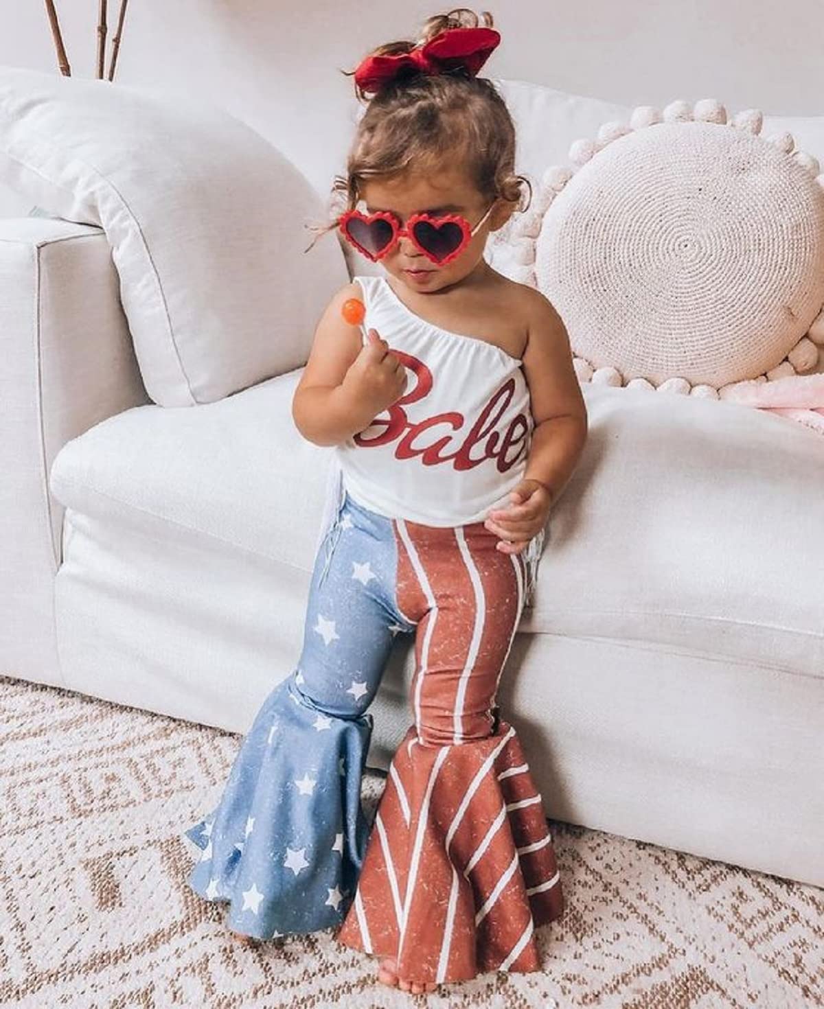 Toddler Kid Baby Girls 4th of July Outfits Short Sleeve Tassels T-Shirt Tops American Flag Print Flared Pants Summer Clothes (Babe White,3-4T)