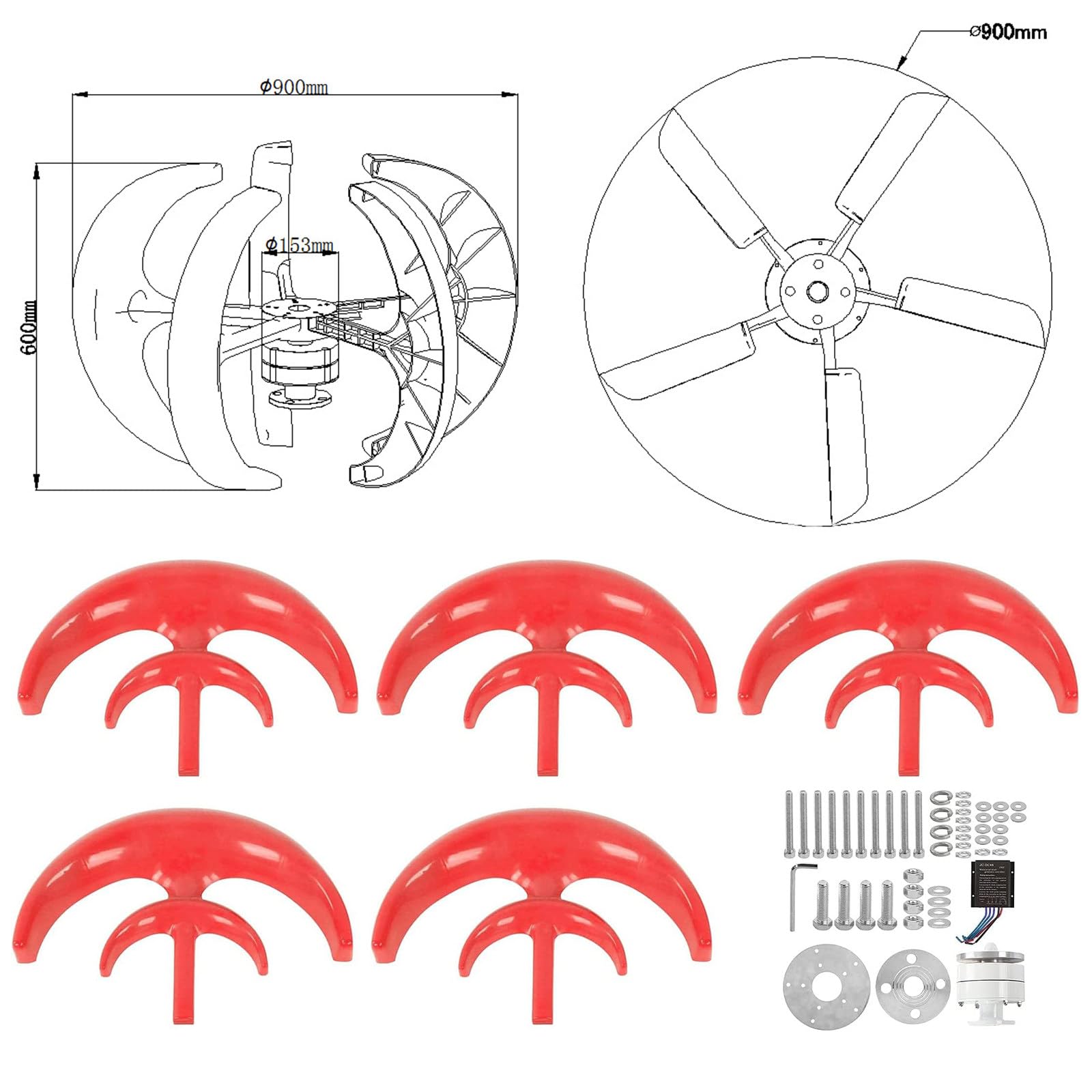 Generatore Eolico Verticale ad Alta efficienza da 10.000 W con 5 Pale e Controller per casa, Illuminazione Stradale, Barche e cabine - Soluzione per energia rinnovabile Rossa da 12 V