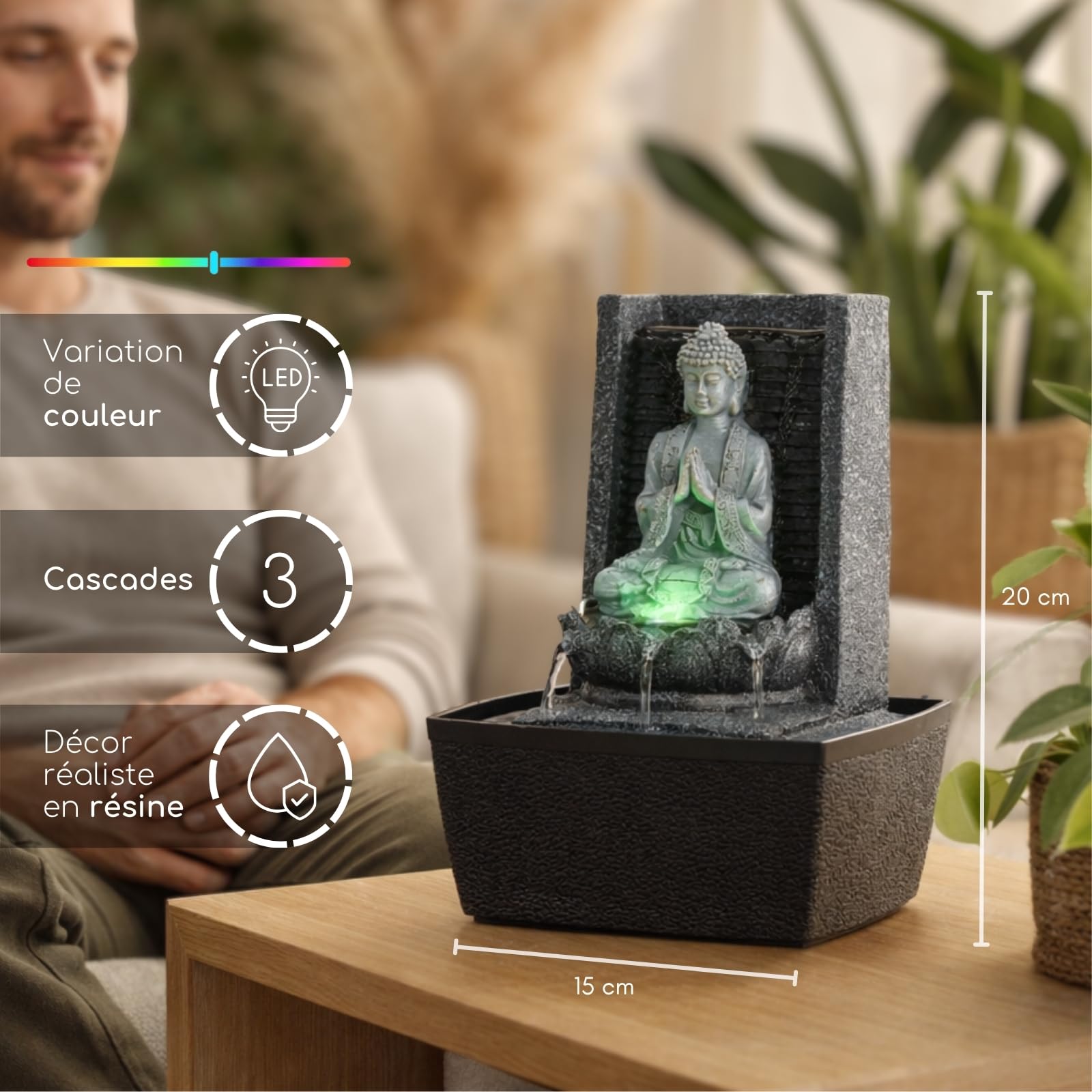 Fontaine d’Intérieur Bouddha Mur d’Eau Cascade Lotus Lumière LED Blanc – Déco Zen Salon Chambre Feng Shui - Fontaine de Table Circuit fermé - Cadeau Utile– H 26cm – Nirvana Zen’Light