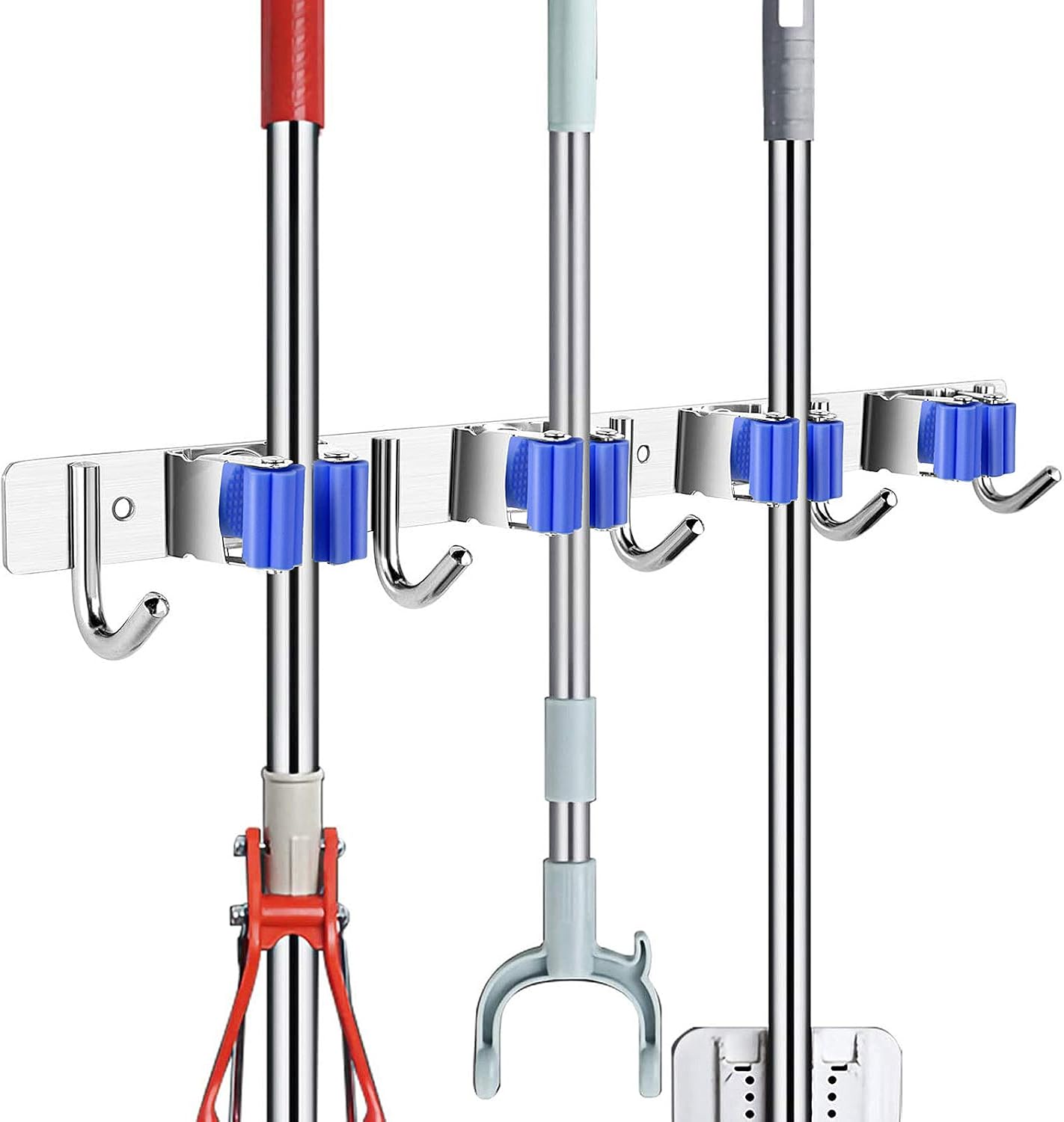 POPRUN Broom Mop Holder Wall Mount Stainless Steel Garden Tool Hanger Garage Organizer Home Kitchen Laundry Storage, 4 Racks 5 Hooks, Blue