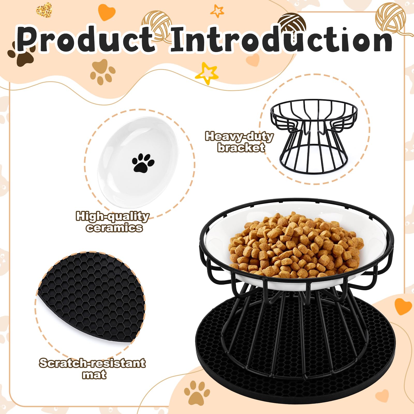 Keramische kattenbakverhogers,2 stuks,15 cm breed,verhoogde kattenbak van keramiek,met siliconen onderzetter,metalen standaard en borstel,nekbeschermende kattenbak,Cat Bowls for Food,Water (zwart
