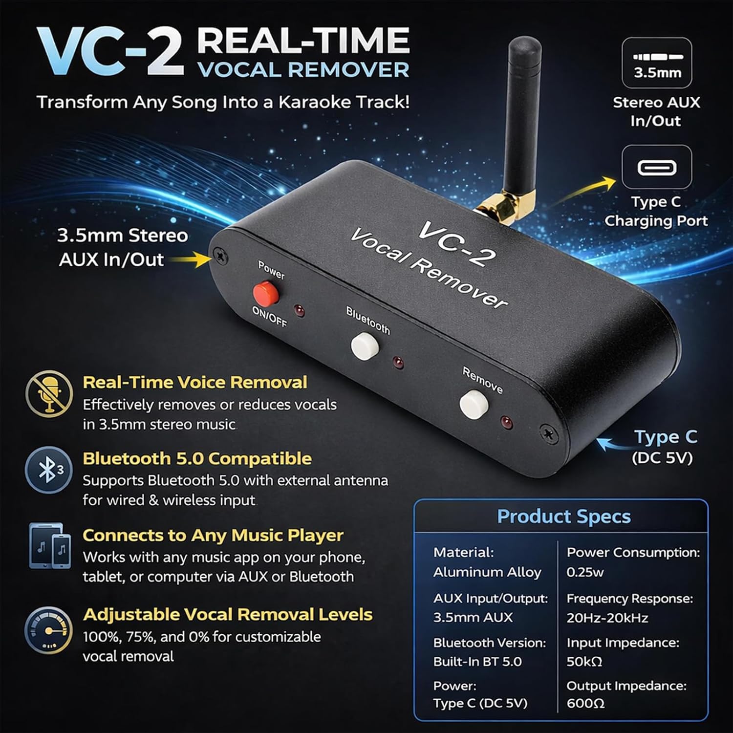 Denash VC 2 Karaoke Vocal Remover,Adjustable Vocal Removal Device,Real Time Voice Canceller Device Compatible with 3.5mm AUX Input Output for Speakers Karaoke Machine
