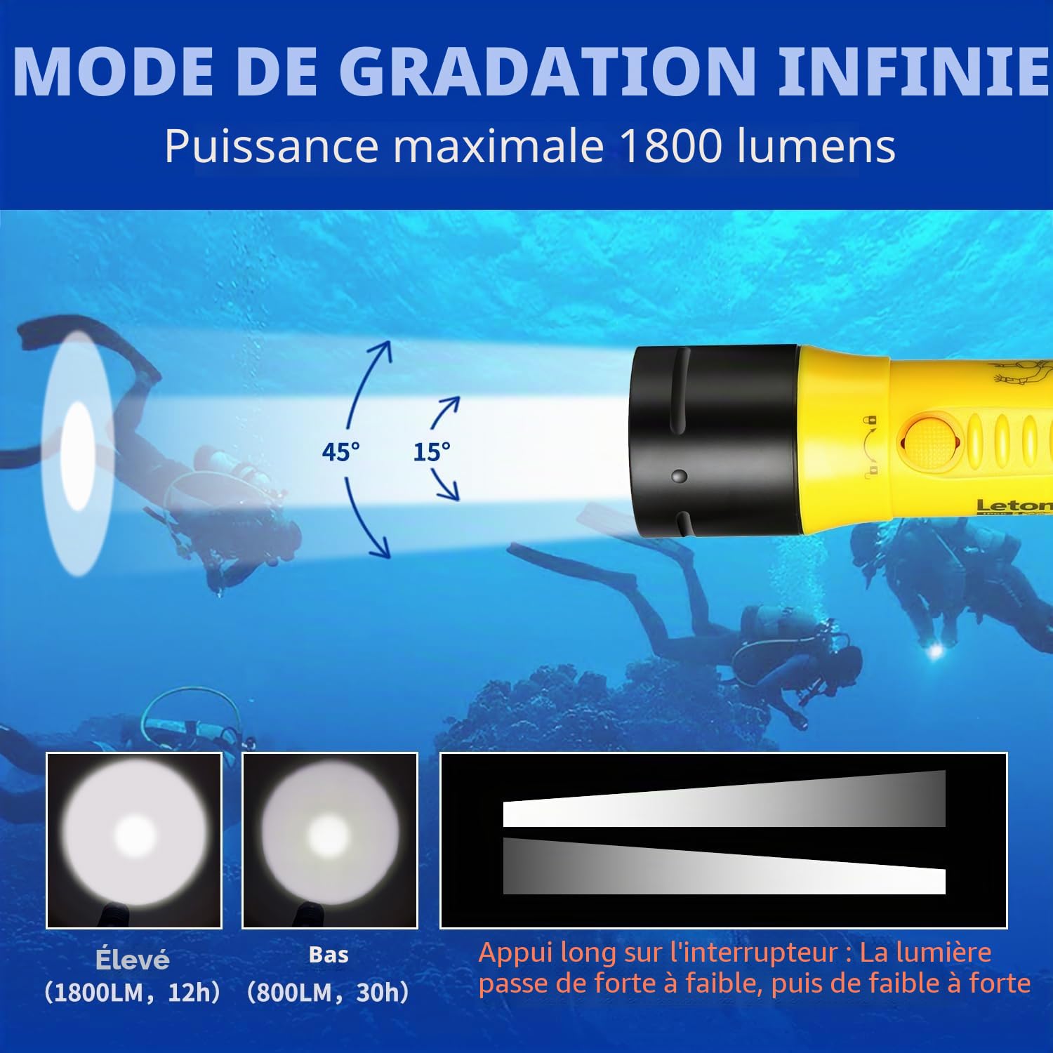 Lampe de Plongée 1800 Lumens - Torche Sous-Marine IPX8 Étanche 100m, Lumière Blanche 5500K Rechargeable, pour Plongée/Chasse Sous-Marine